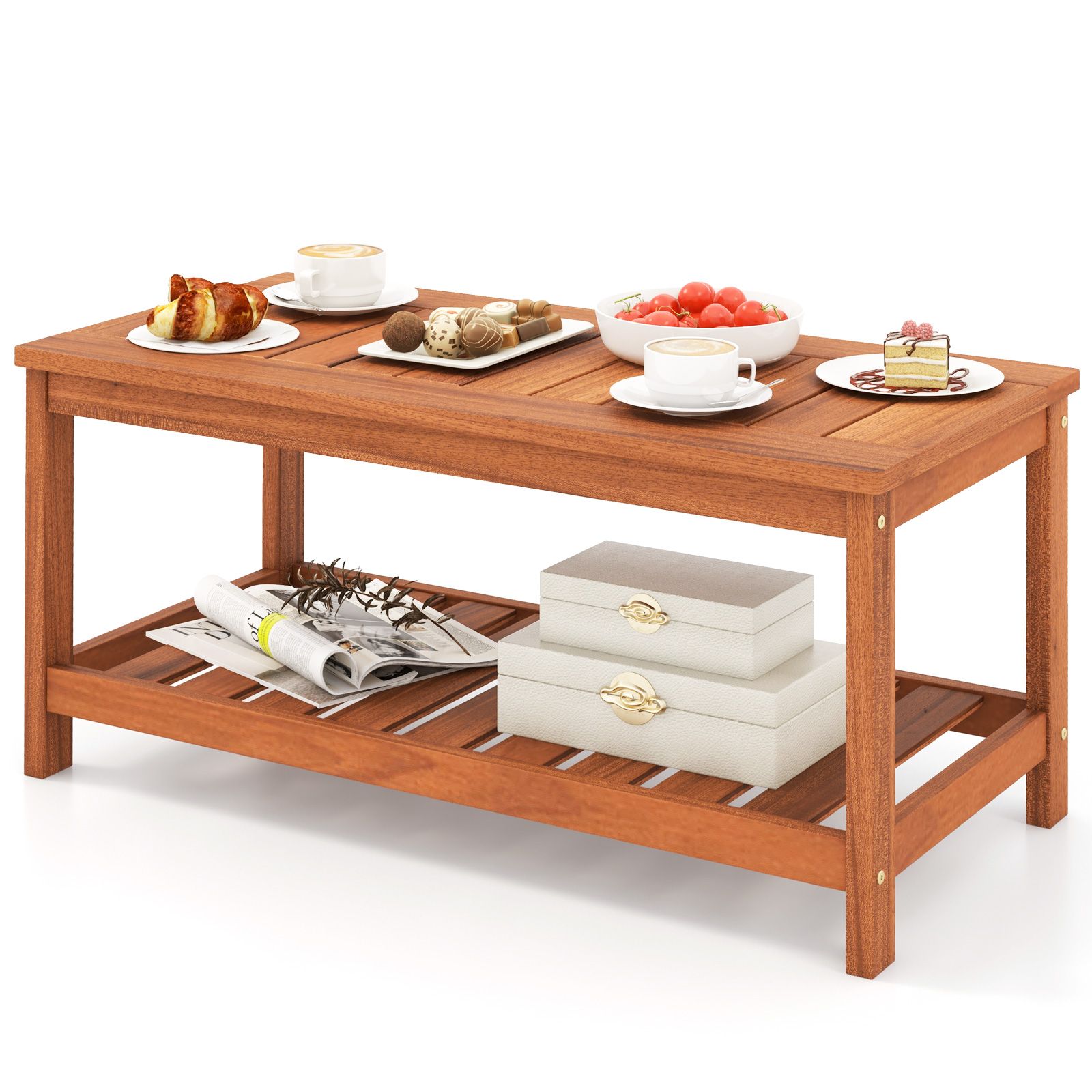 2-Tier Patio Coffee Table, Slatted Tabletop and Shelf