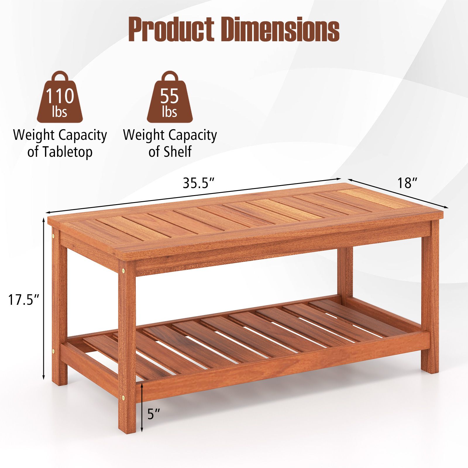 2-Tier Patio Coffee Table, Slatted Tabletop and Shelf