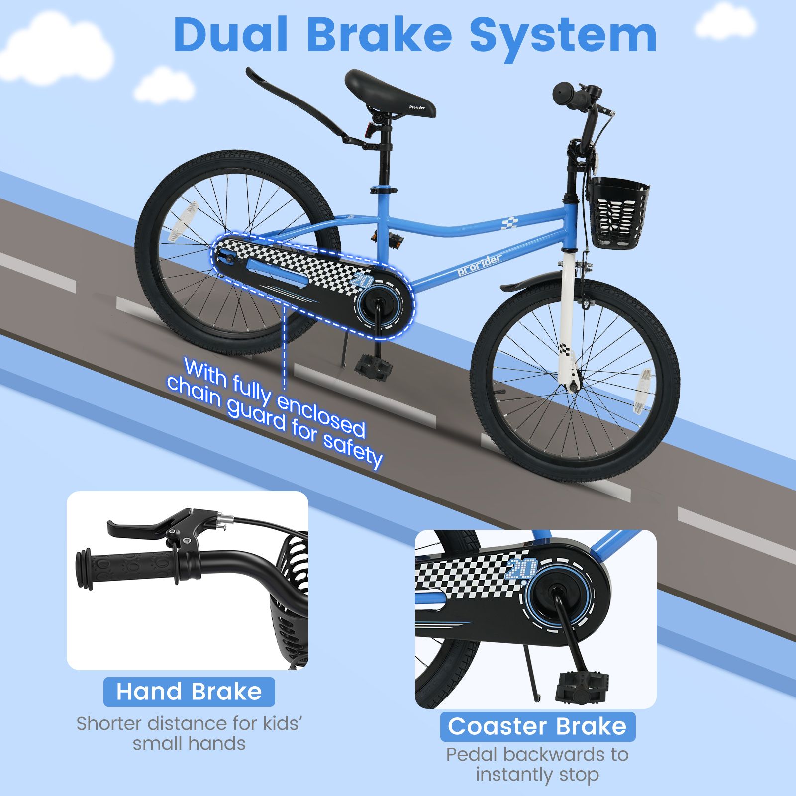 Vélo pour enfants de 20 po, réglable, béquille et panier rangement, les 8 ans plus