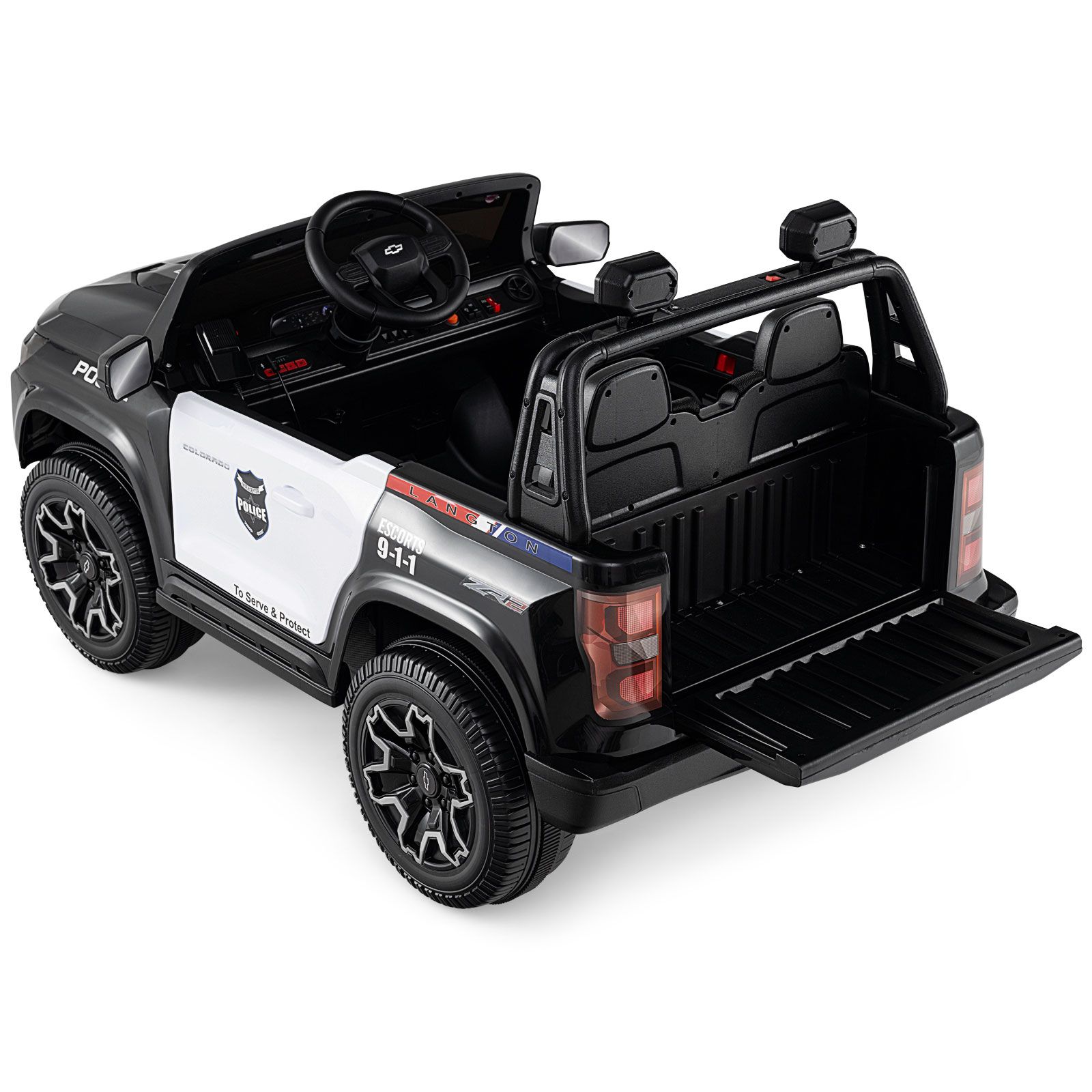 24V 2-Seater Ride on Police Car 4WD Chevrolet, Megaphone and LED Flashing Lights - Black