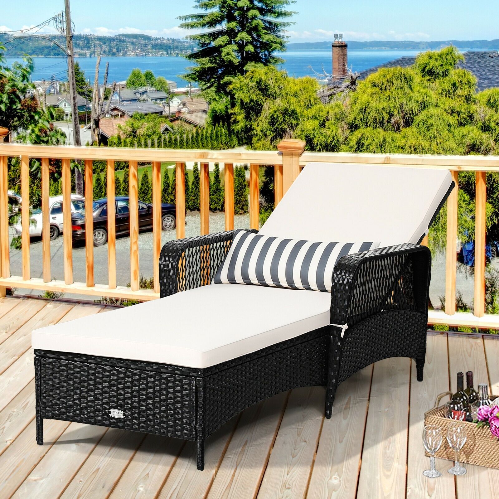 PE Rattan Armrest Chaise Lounge Chair, Adjustable Pillow - Black