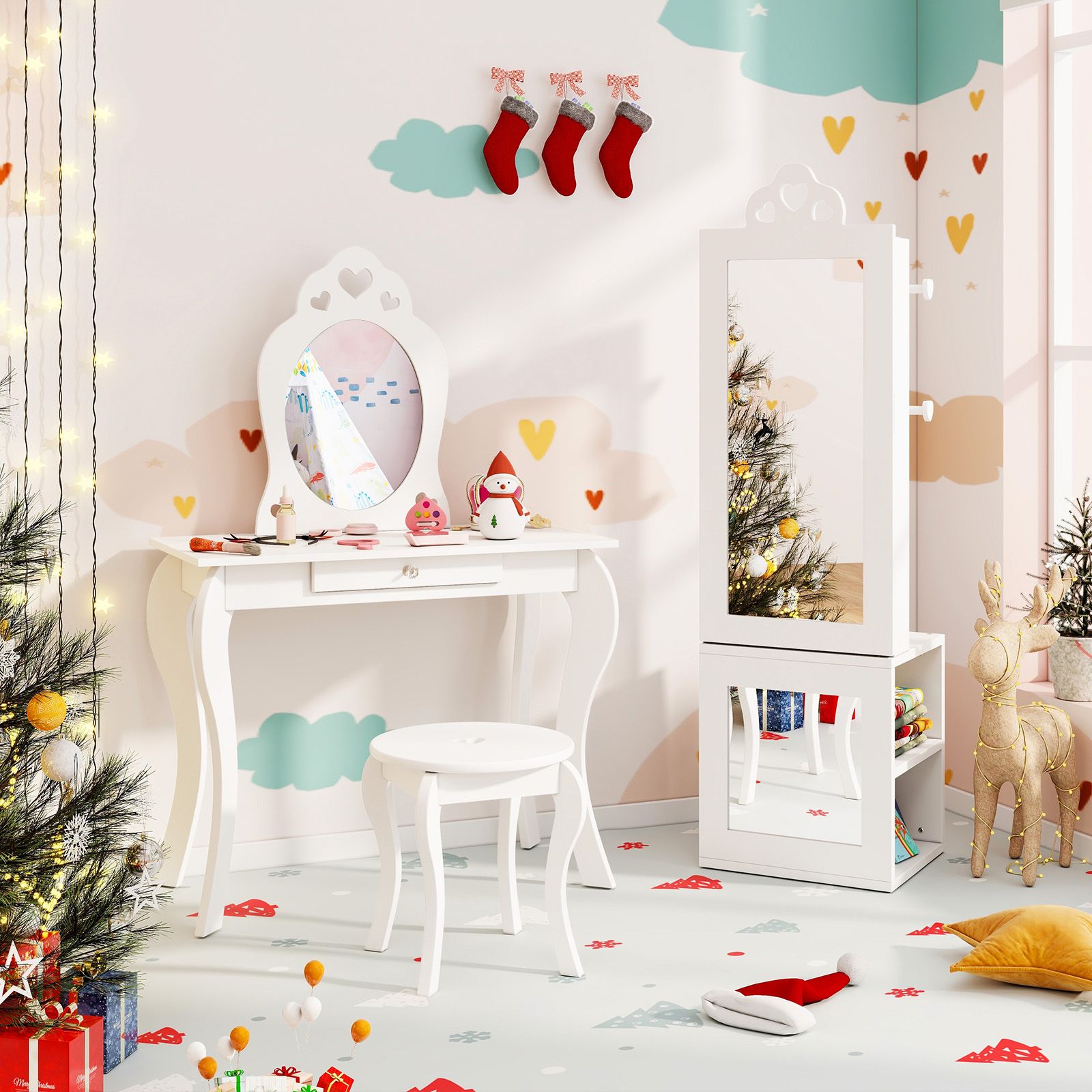 3-in-1 Freestanding Kids Jewelry Cabinet Armoire, Full Length Mirror - White