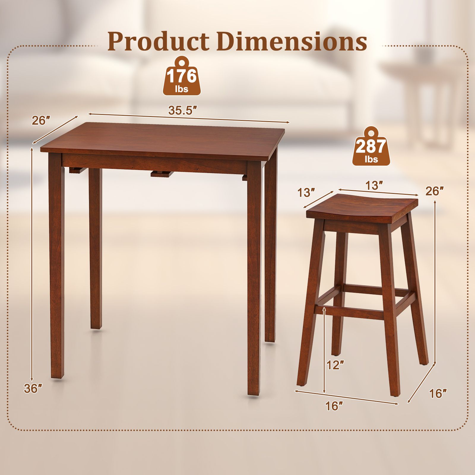 Ensemble de table de bar 3 pièces, table de bar et 2 tabourets de bar - Espresso