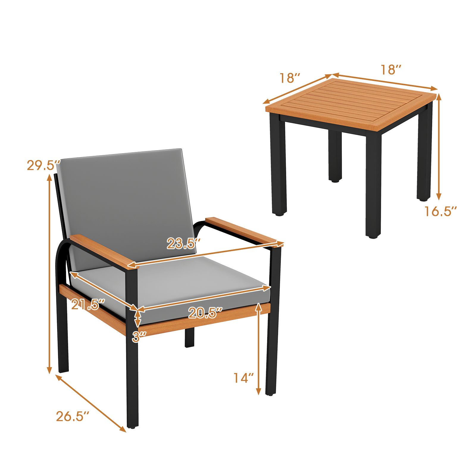 Ensemble de mobilier de jardin 3 pièces, table basse - Gris