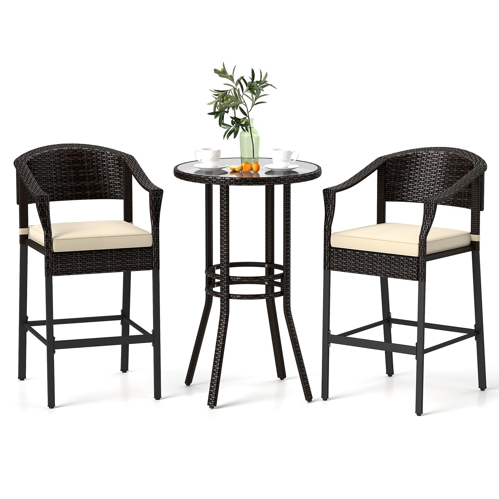Ensemble de bar en rotin de 3 pièces, plateau en verre trempé pour piscine ou jardin - Marron