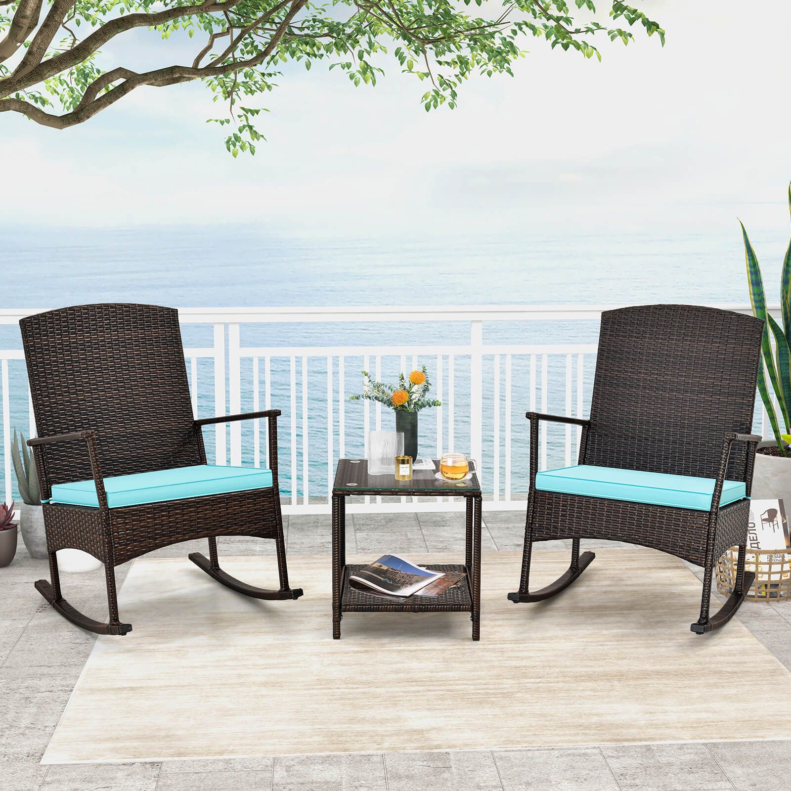 Ensemble de 3 meubles de jardin à bascule : fauteuils à bascule en osier, table basse à deux niveaux, Turquoise