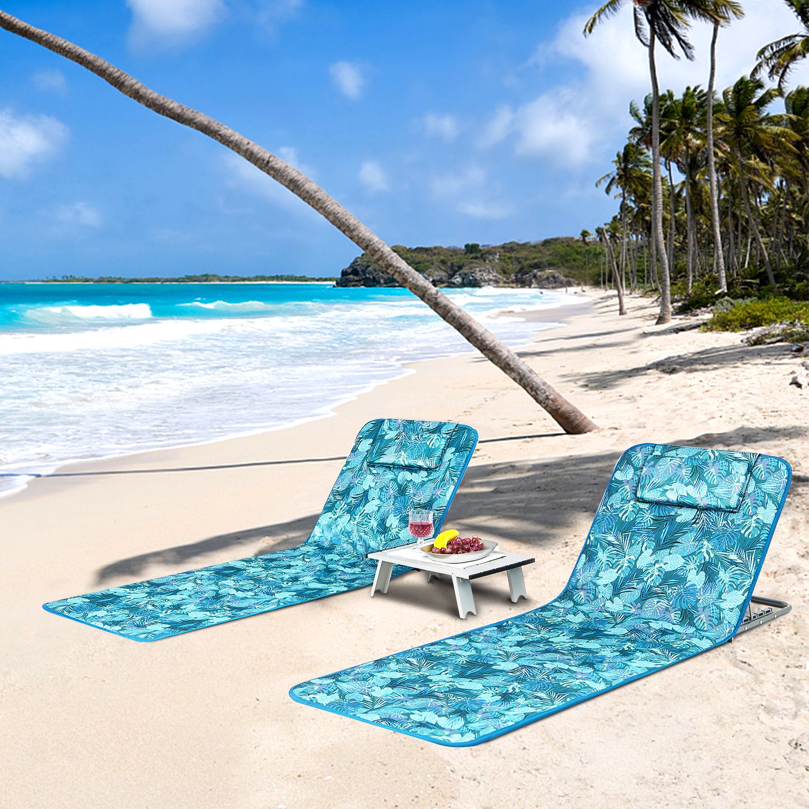 3-Piece Beach Lounge Chair Mat Set 2 Adjustable Lounge Chairs, Table - Stripe