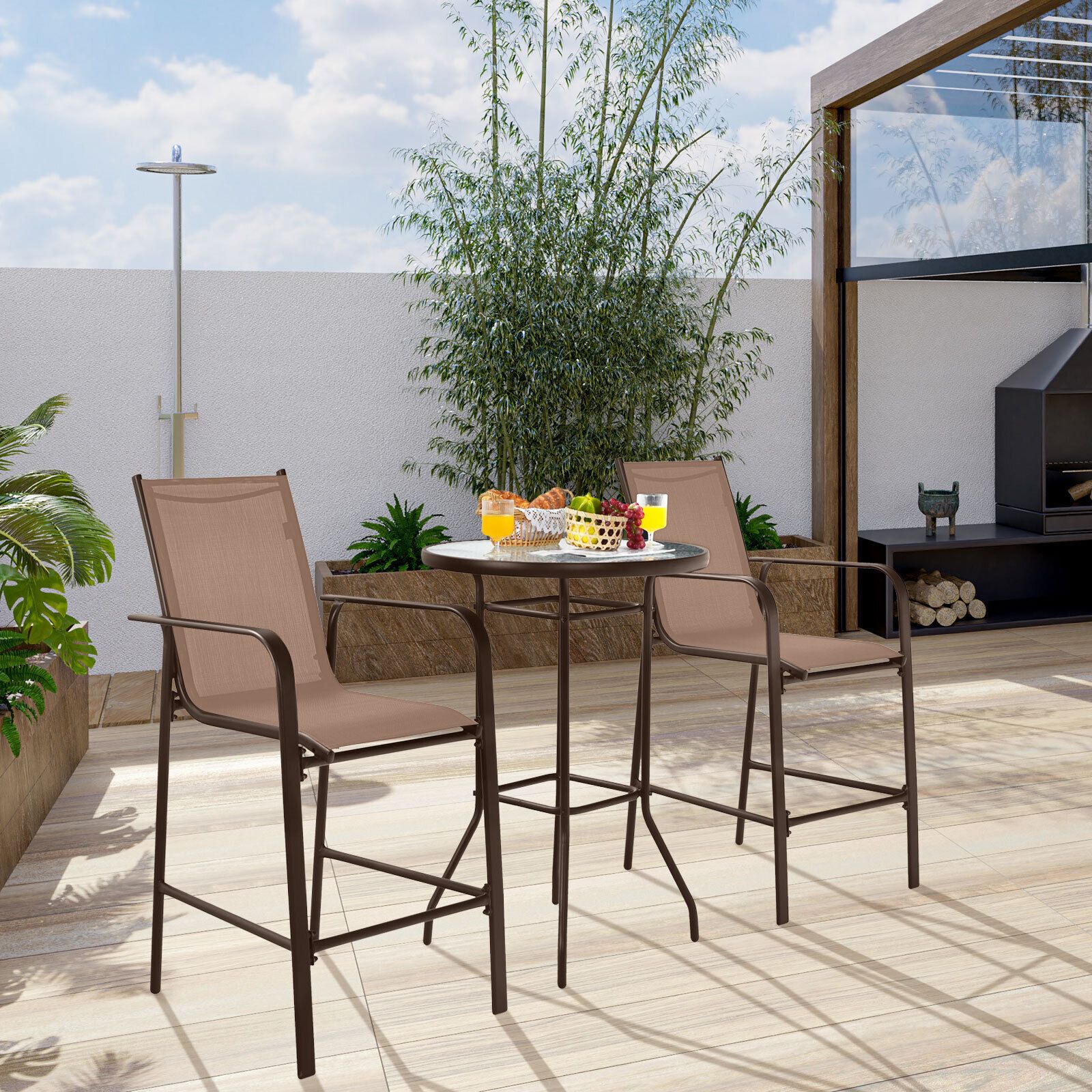 3-Piece Outdoor Patio Bar Table Stool Set - Brown