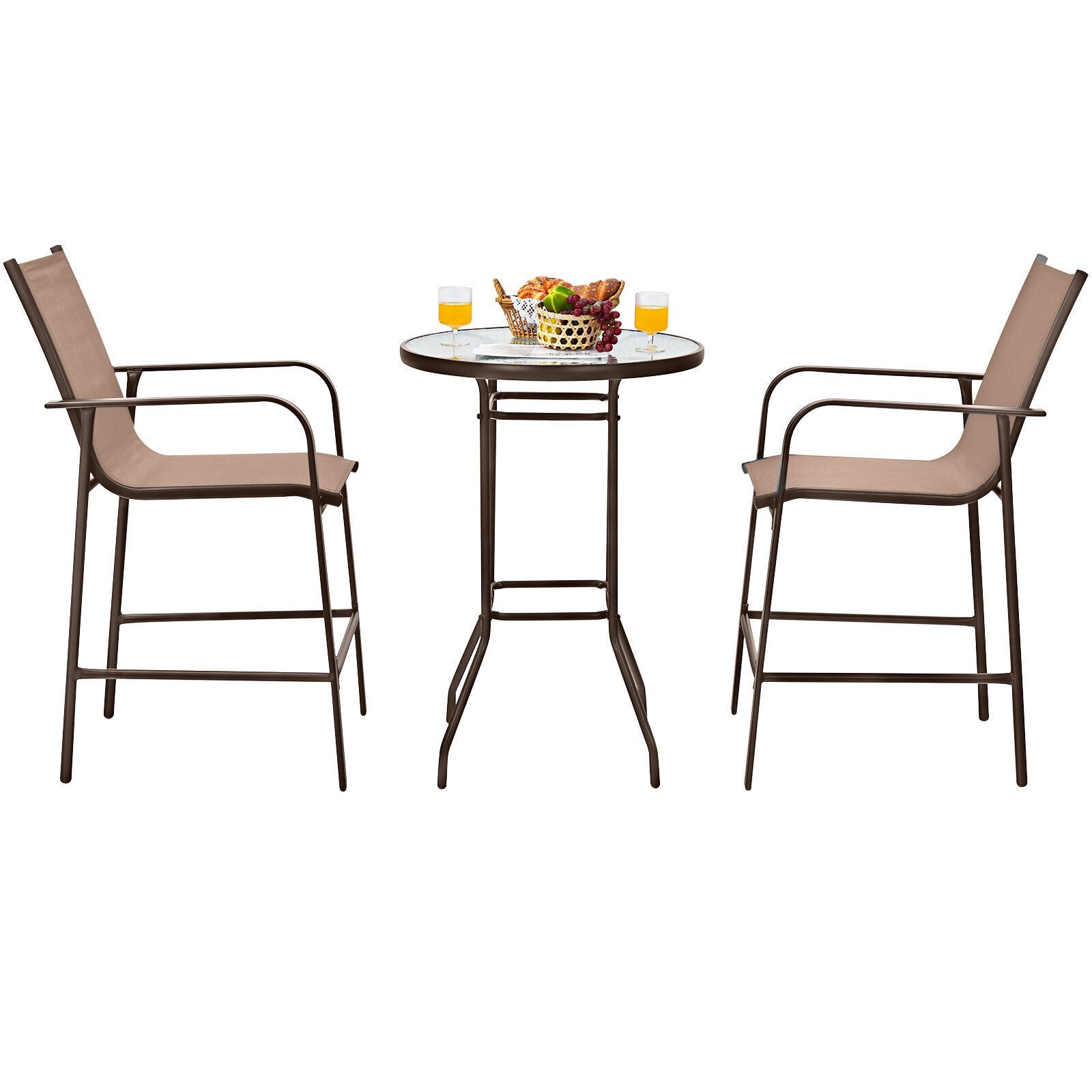3-Piece Outdoor Patio Bar Table Stool Set - Brown