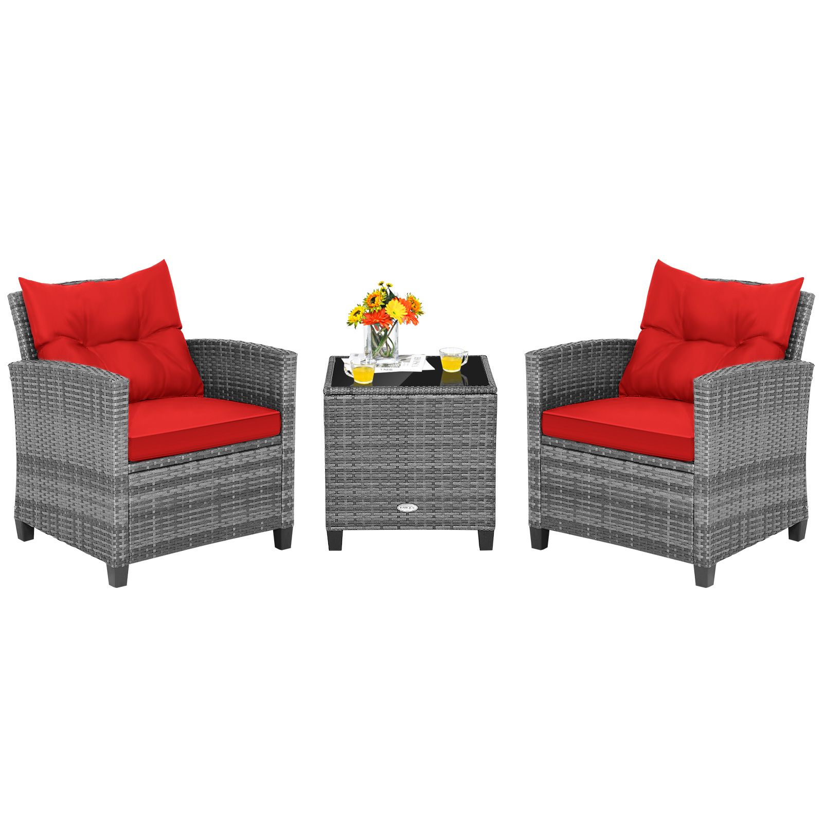 3-Piece Outdoor Wicker Conversation Set, Tempered Glass Tabletop