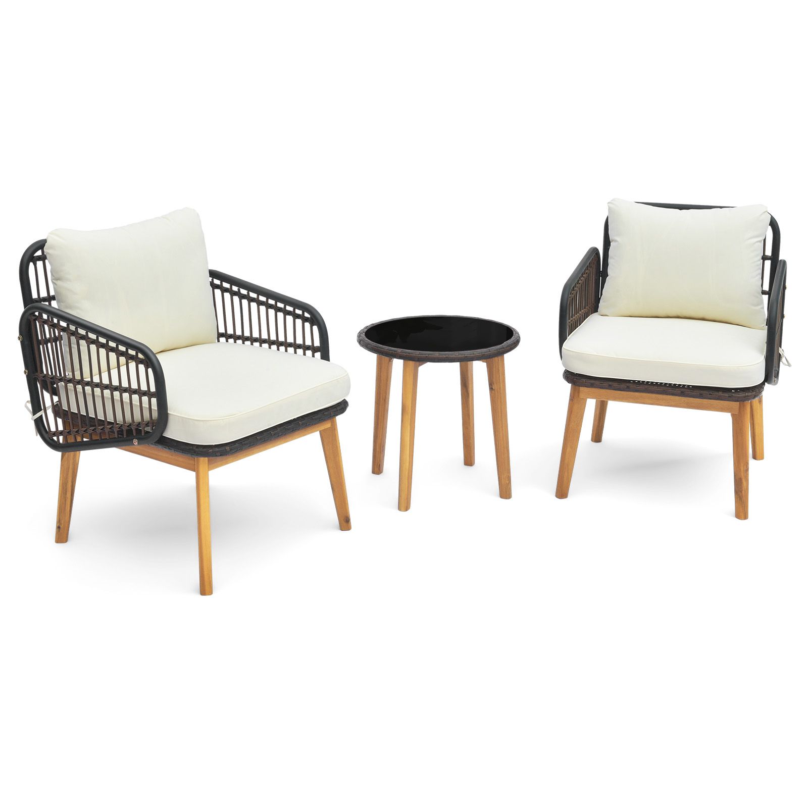 Ensemble de mobilier de jardin 3 pièces, chaises rembourrées et table d'appoint en verre trempé - Noir