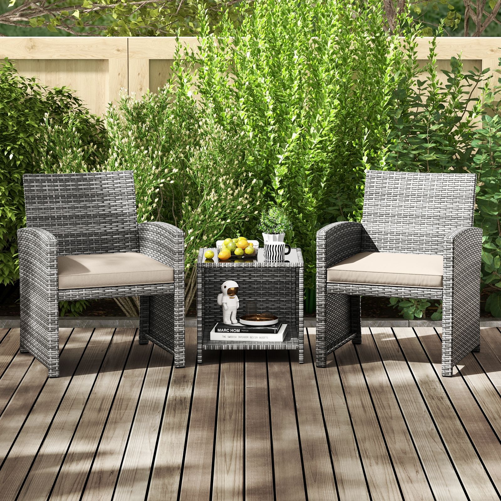 3-Piece Patio Furniture Set, Tempered Glass Coffee Table and Soft Seat Cushions