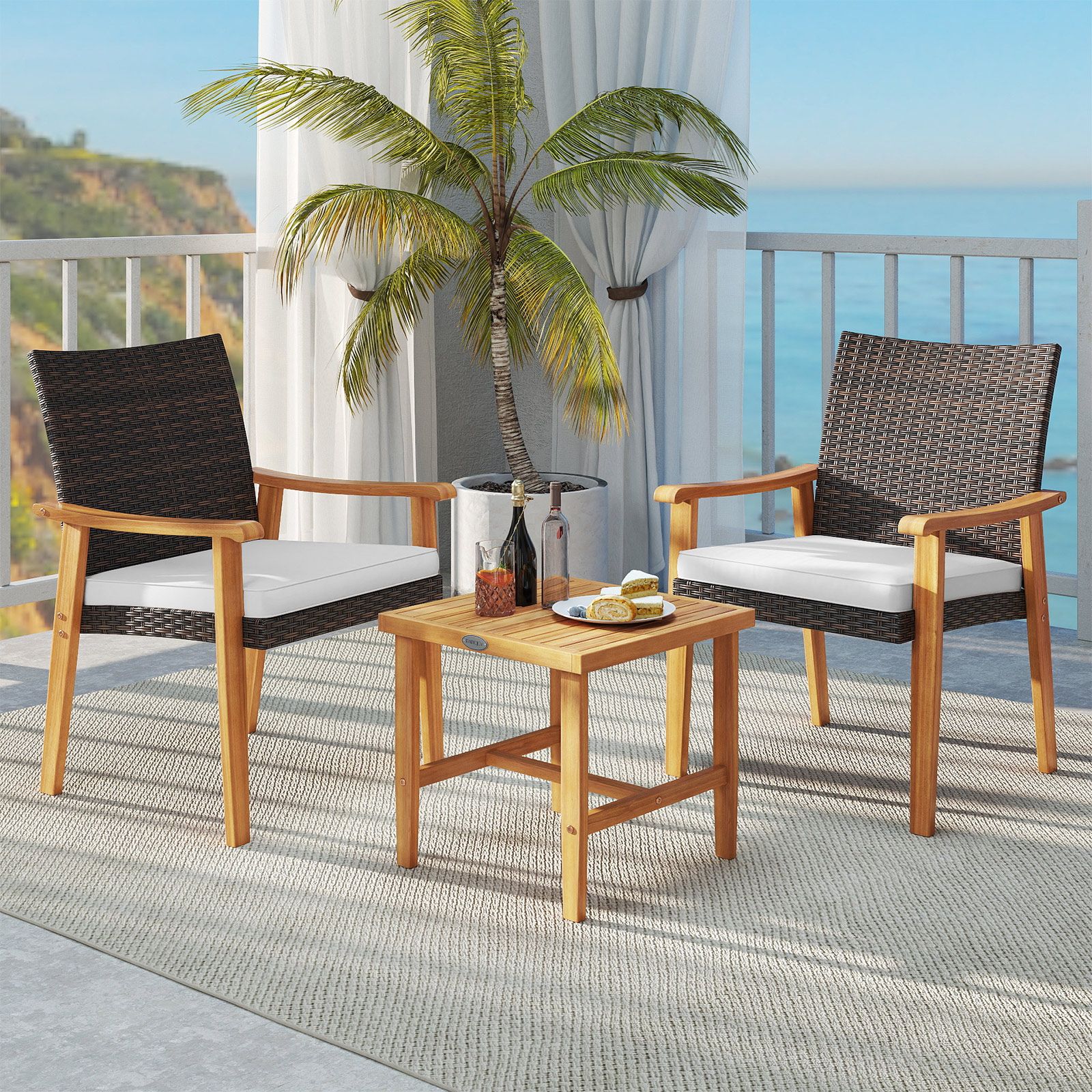 3-Piece Patio PE Wicker Furniture Set Acacia Wood Outdoor Conversation Bistro Set - White