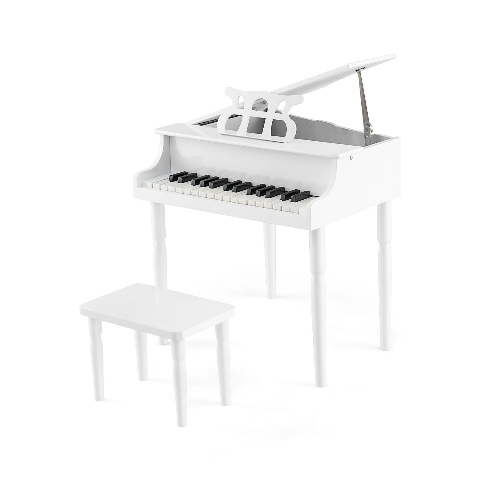 Piano à queue jouet en bois pour enfants à 30 touches, banc et pupitre - Blanc