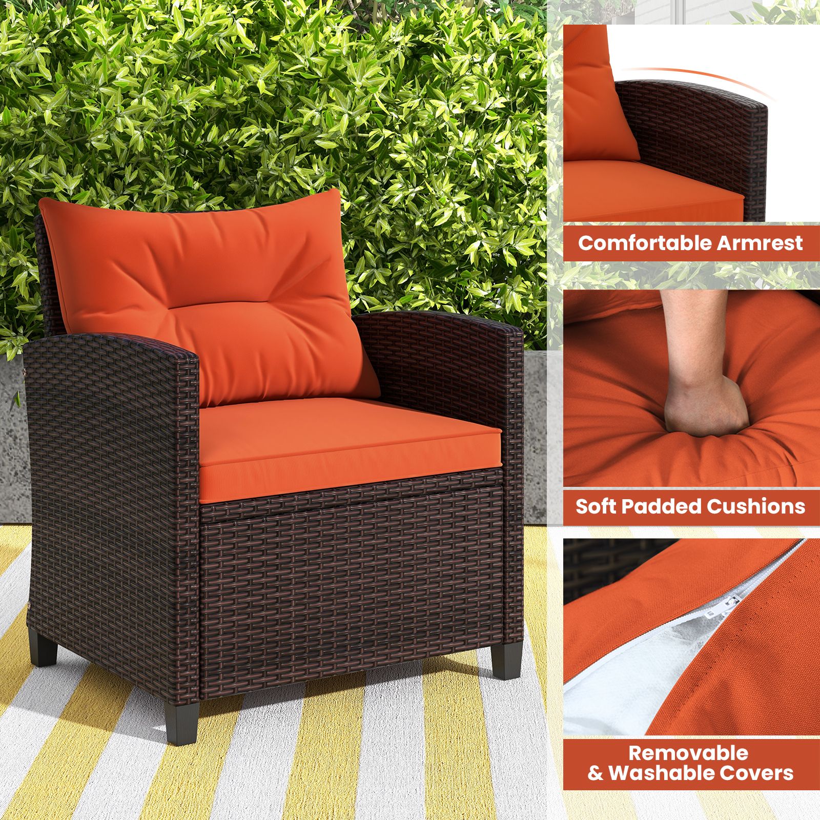 3-Piece Cushioned Rattan Patio Conversation Set, Coffee Table