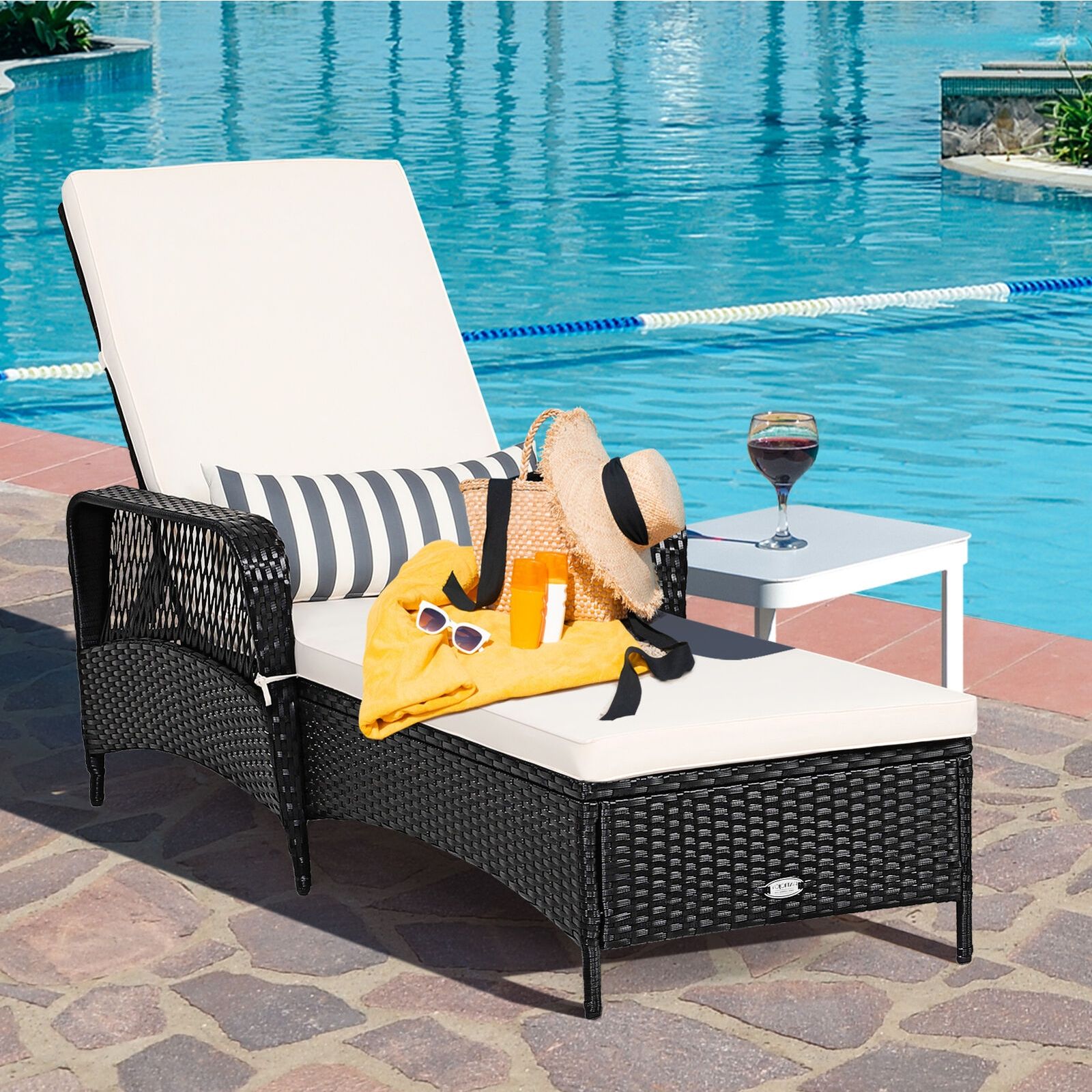 PE Rattan Armrest Chaise Lounge Chair, Adjustable Pillow - Black