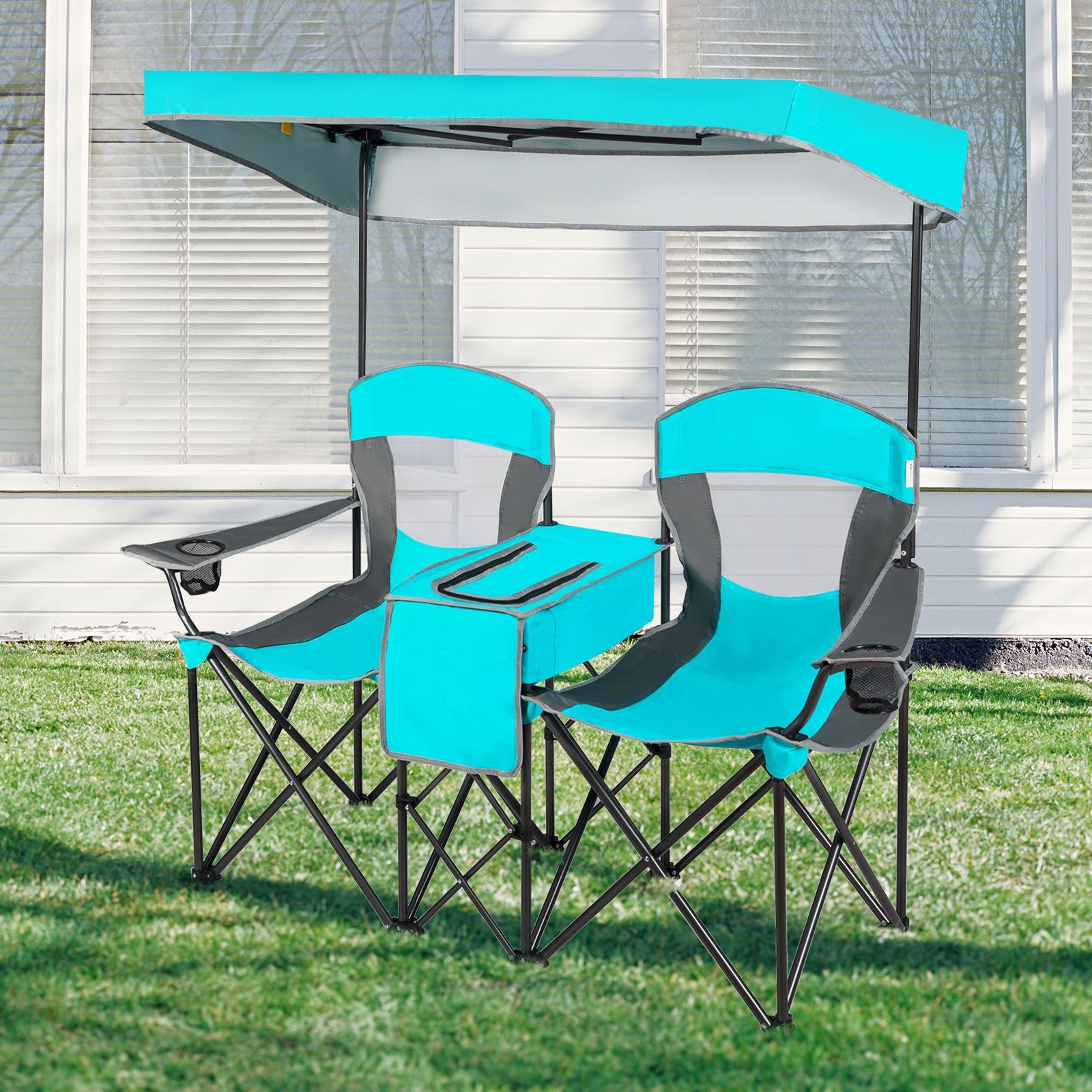 Chaises de camping pliantes portables, auvent et porte-gobelets, Turquoise