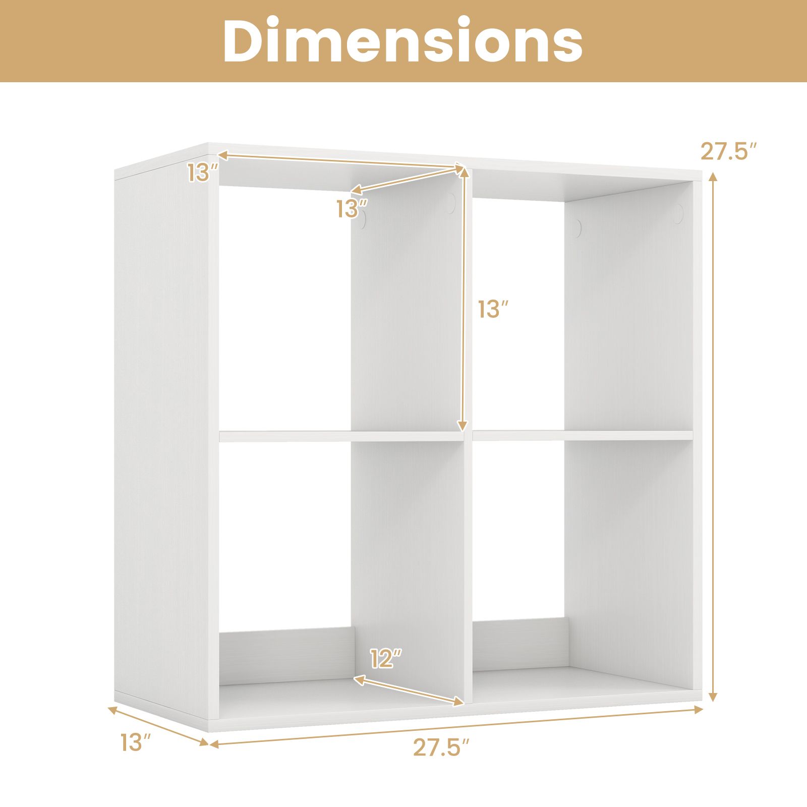 4 Cube Bookshelf, Back Guardrail for Living Room Bedroom - White