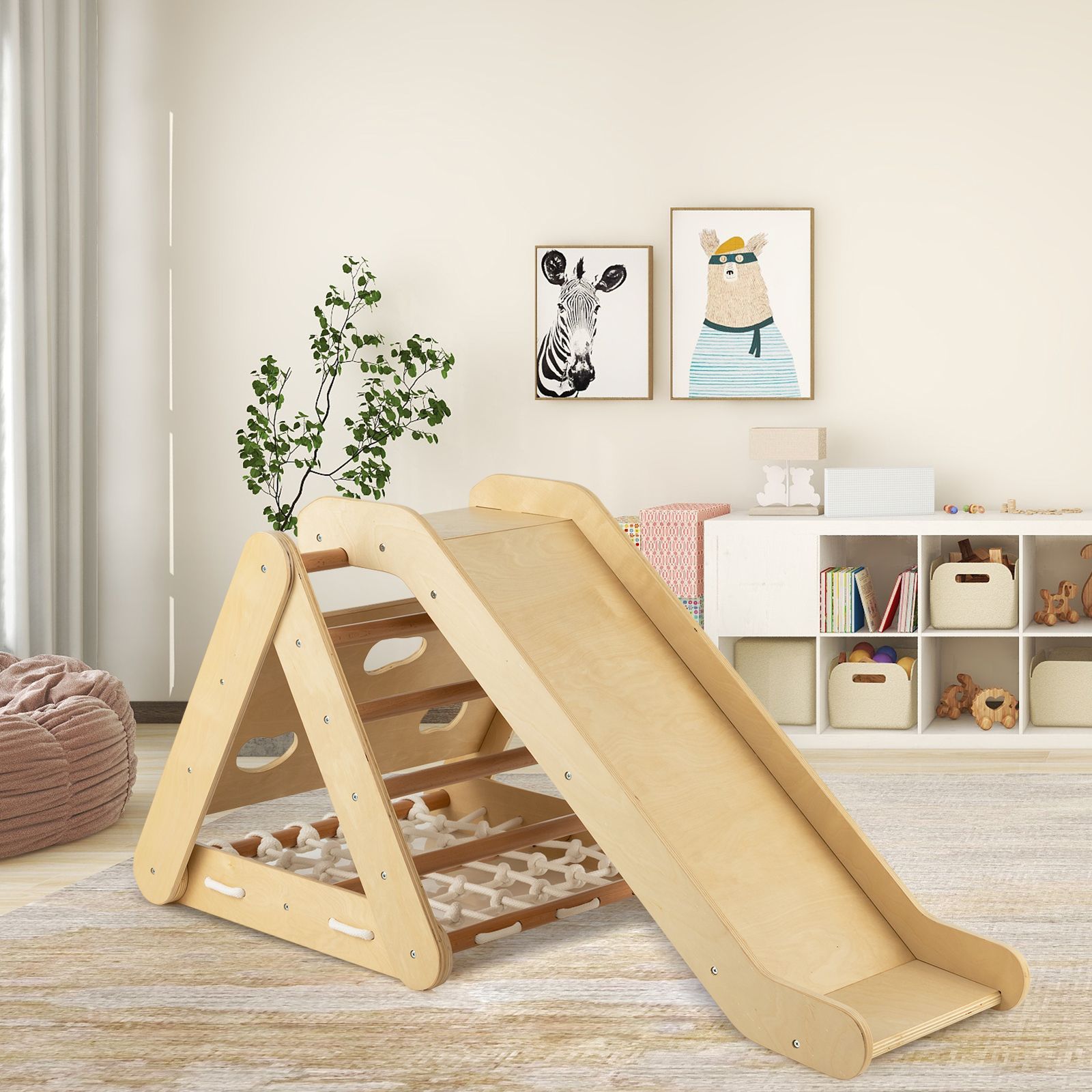 Structure d'escalade triangulaire 4 en 1, toboggan et filet d'escalade - Couleur naturelle