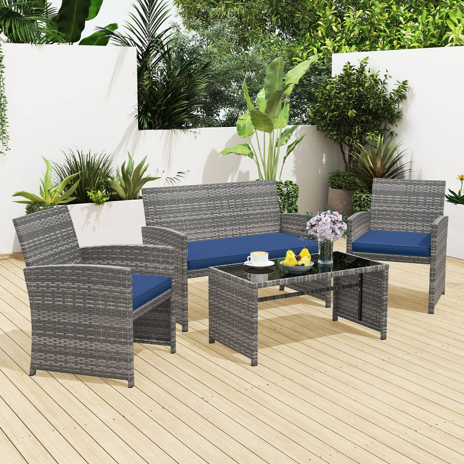 4 Piece Patio Conversation Set Rattan Chair Loveseat and Table