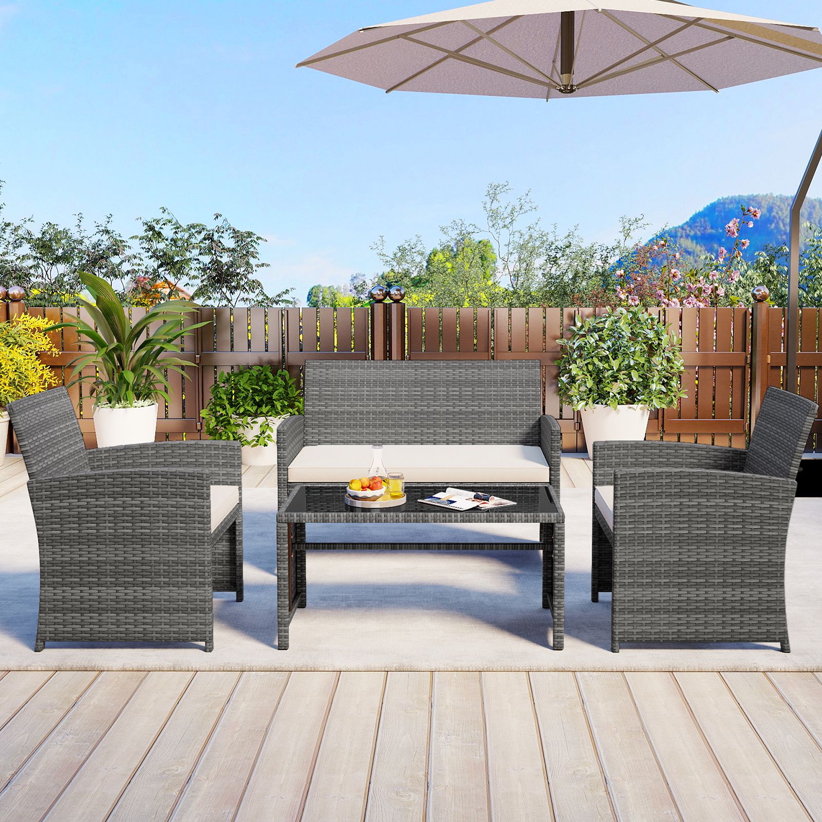 4 Piece Patio Conversation Set Rattan Chair Loveseat and Table