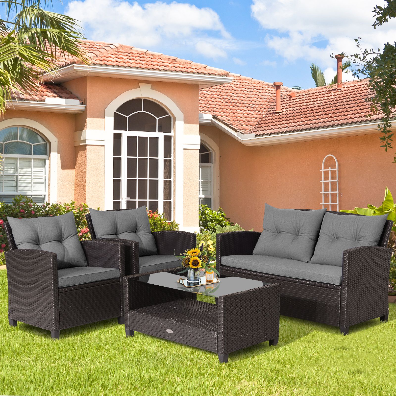 4-Piece Patio Rattan Conversation Furniture Set, Glass Top Coffee Table - Gray