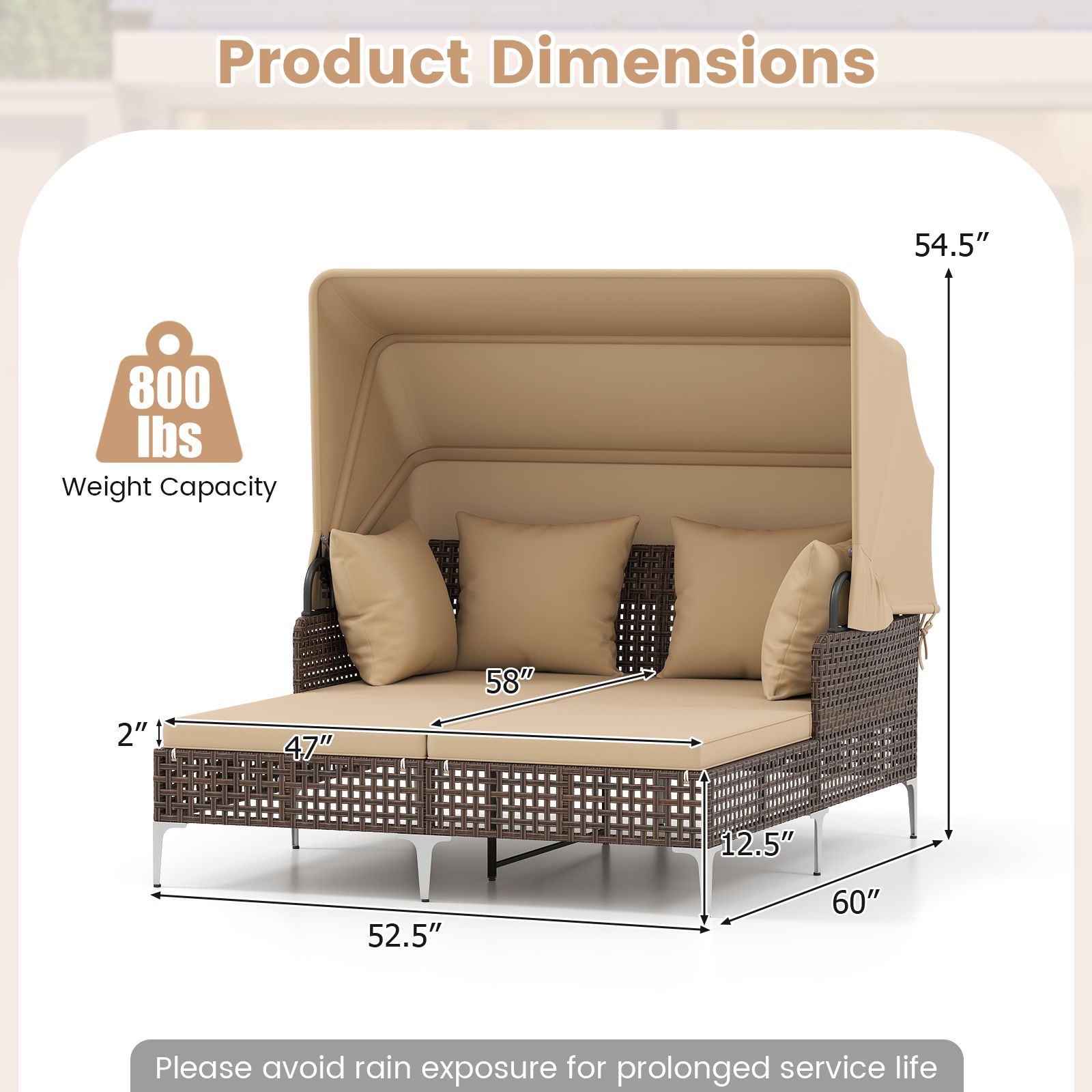 Lit de jour d'extérieur, auvent rétractable, chaise longue de jardin en rotin PE - Marron