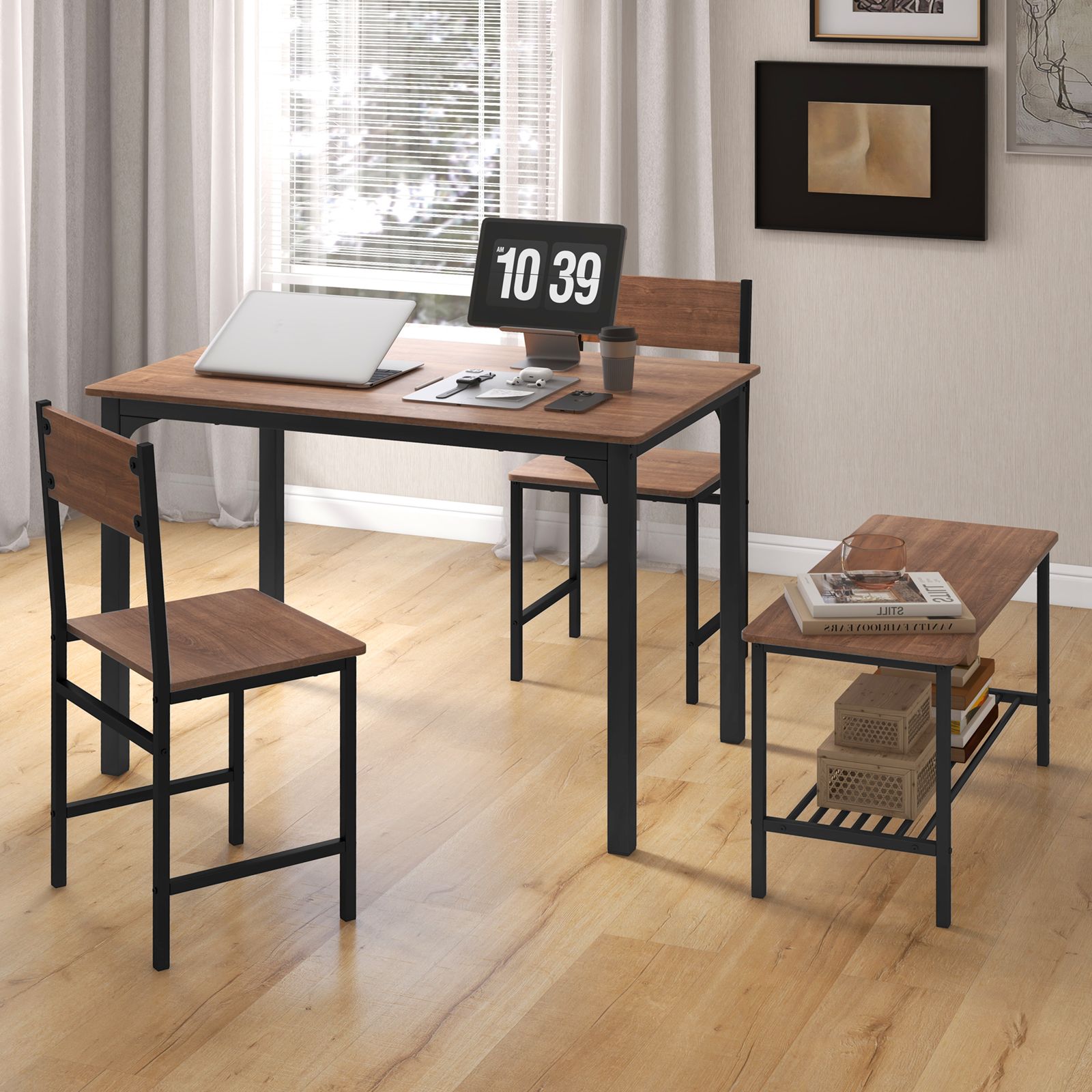 4-Piece Rustic Dining Table Set, 2 Chairs and Bench - Brown