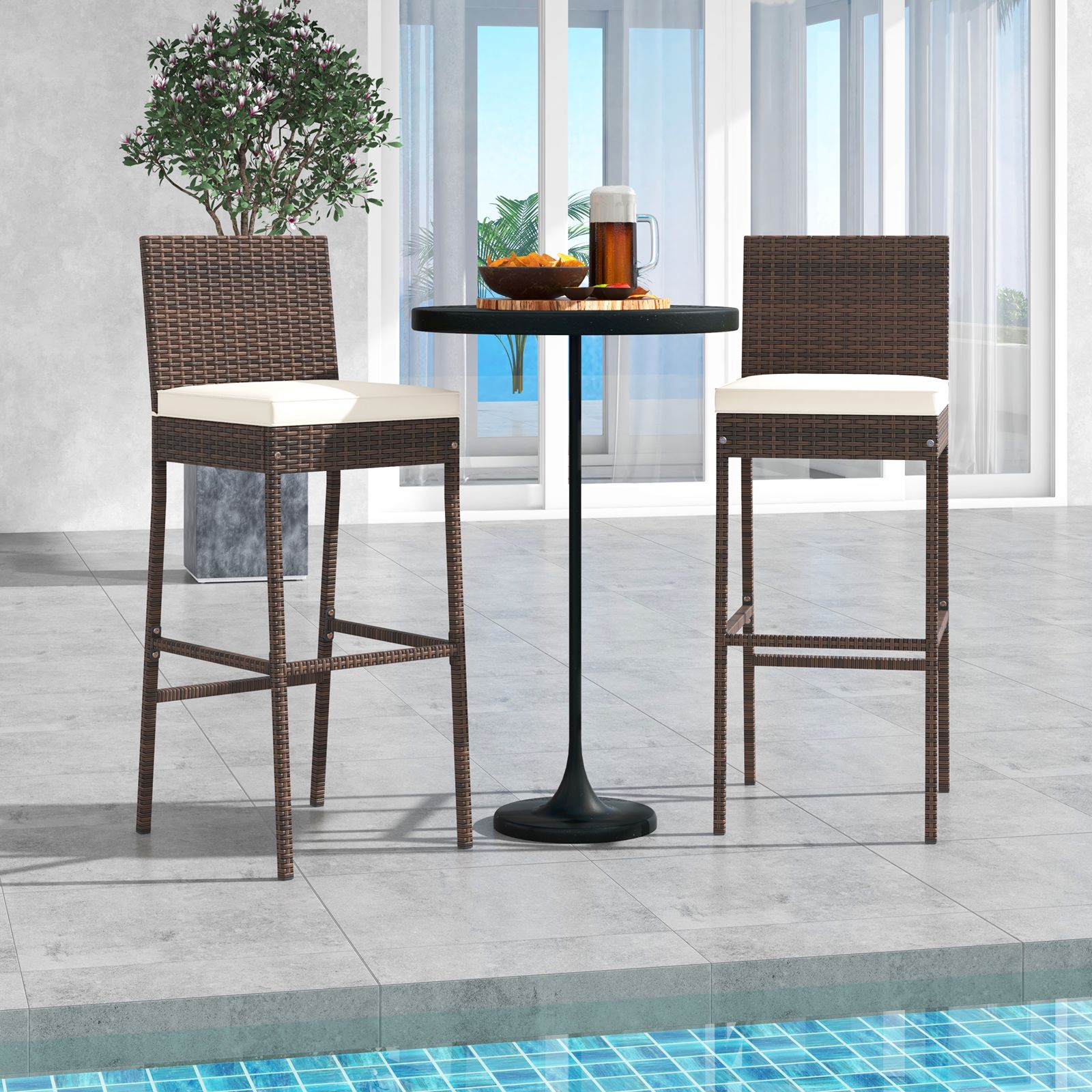 Set of 4 Patio Wicker Barstools, Seat Cushion and Footrest - Set of 4