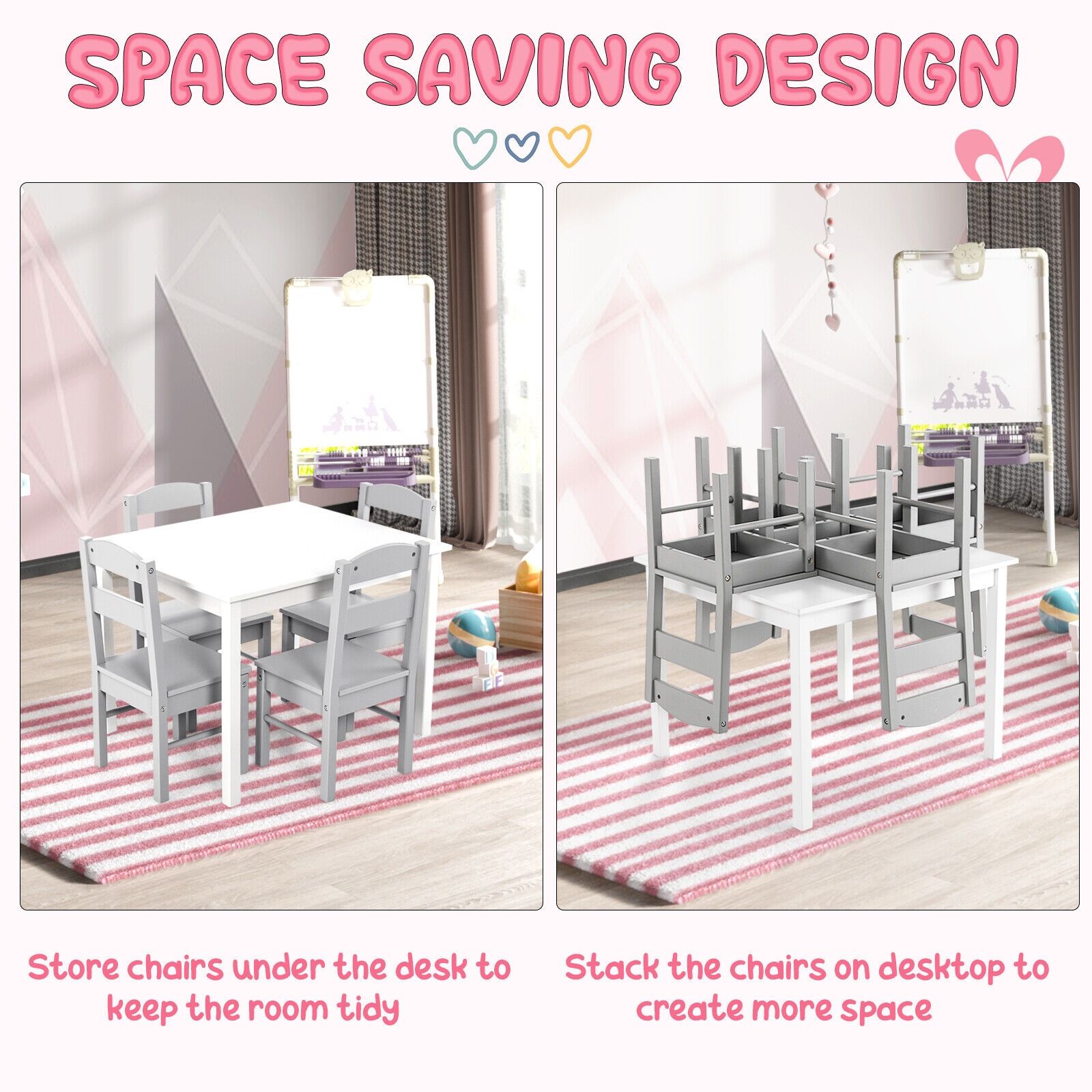 Kids 5 Piece Table and Chair Set Wooden Children Activity Playroom Furniture Gift - White