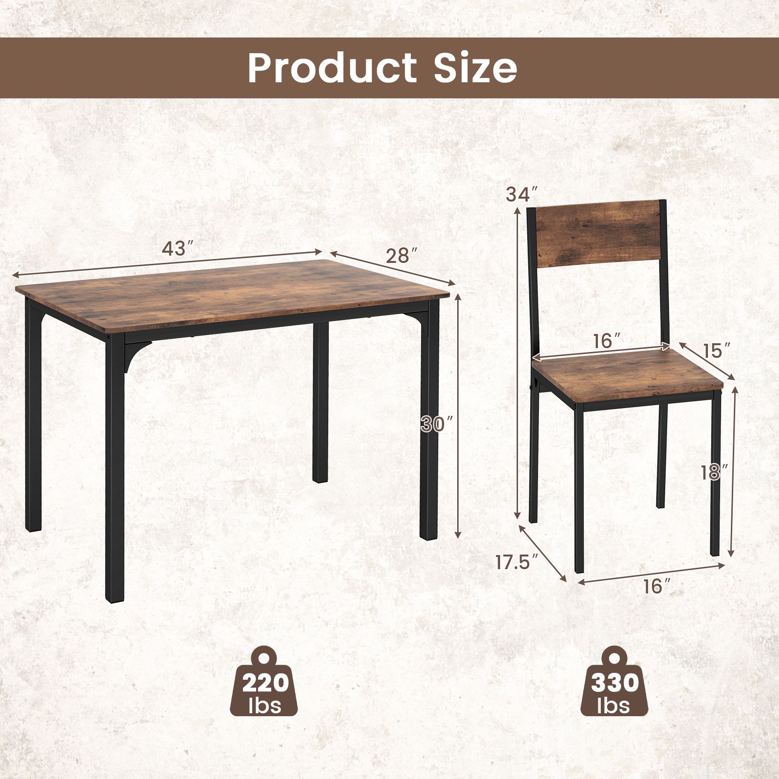 5 Piece Dining Table Set Industrial Style Kitchen Table and Chairs, For 4 - Rustic Brown
