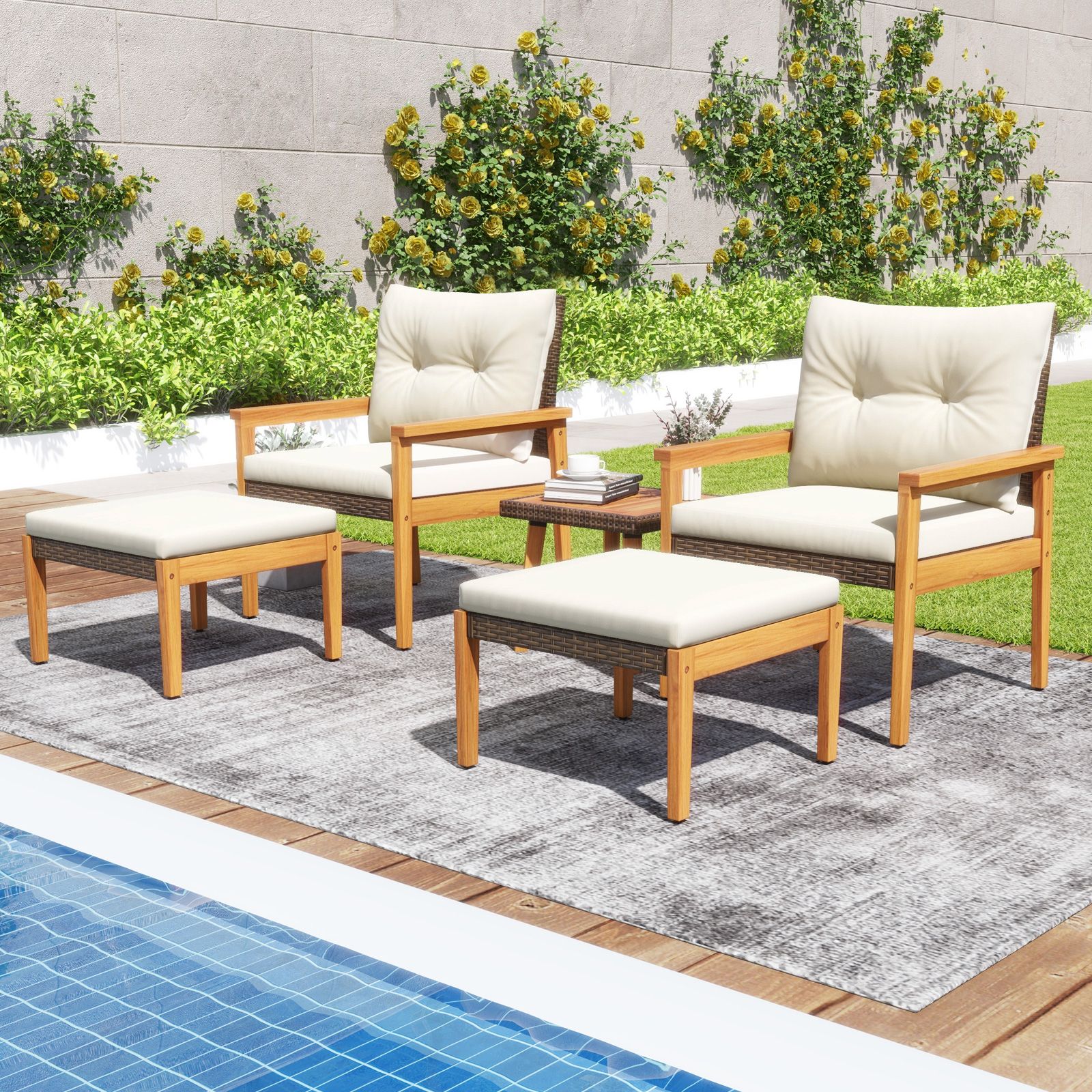 5 Piece Rattan Furniture Set, Square Coffee Table - White