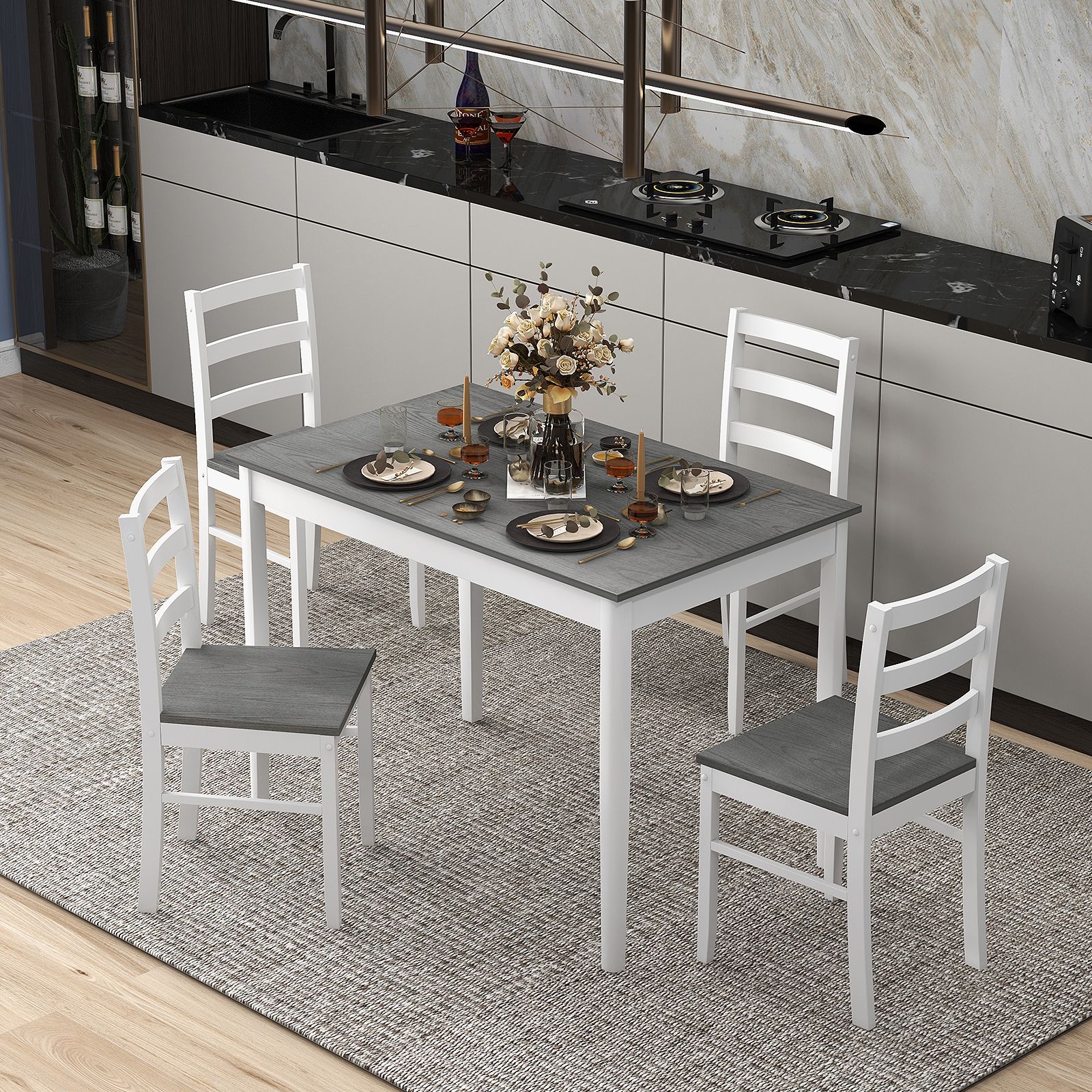 5-Piece Wooden Dining Set, Rectangular Table and 4 Chairs - Gray
