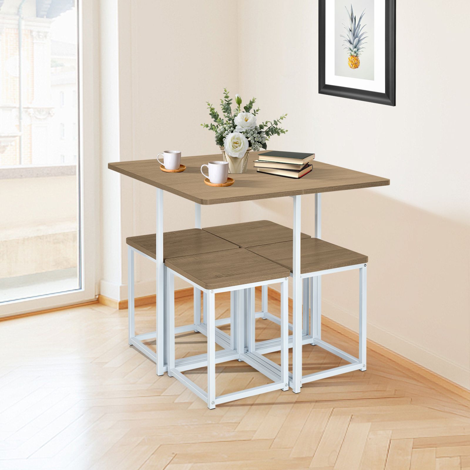 5-Piece Metal Frame Dining Set, Compact Table and 4 Stools