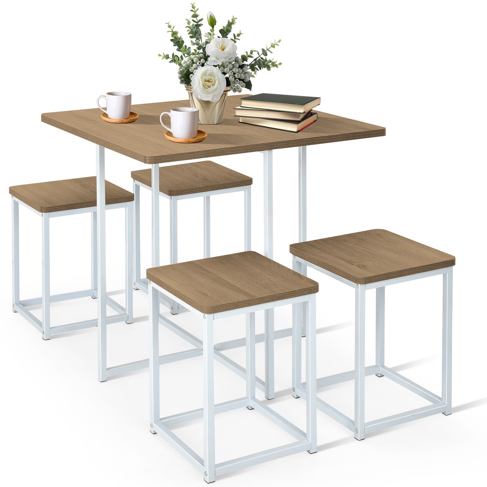Ensemble de salle à manger 5 pièces, structure en métal, comprenant une table compacte et 4 tabourets