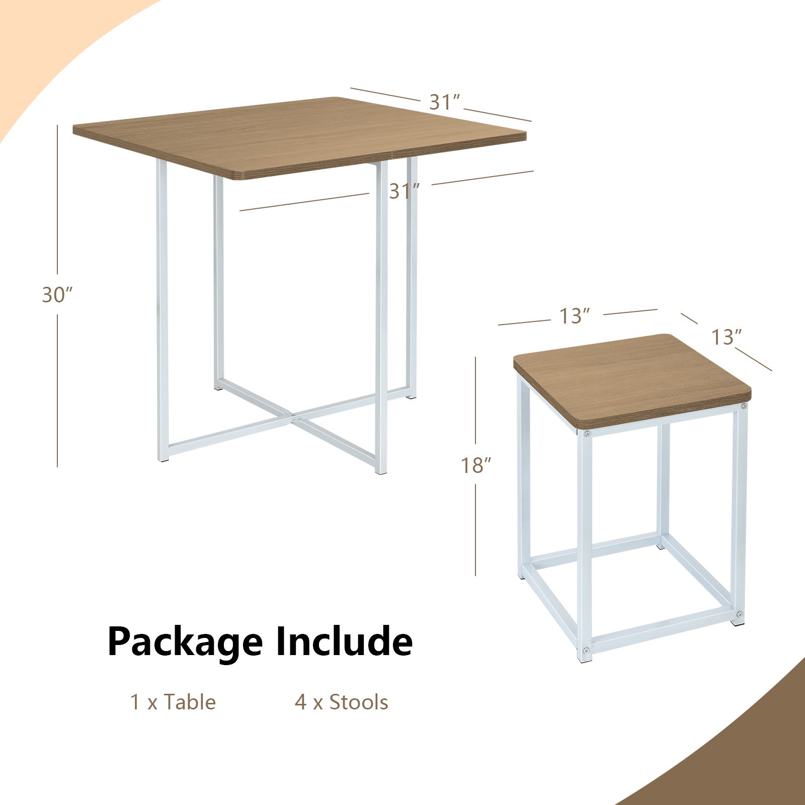 5-Piece Metal Frame Dining Set, Compact Table and 4 Stools