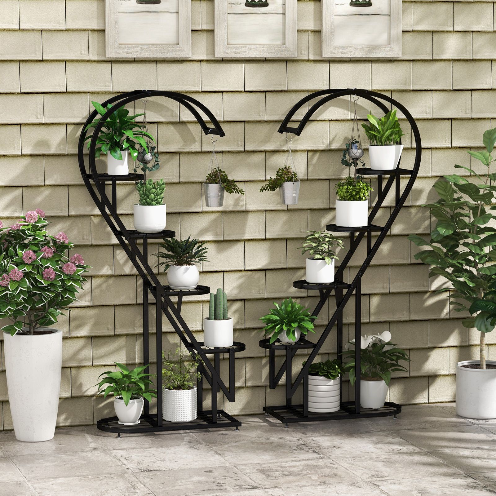 5 Tier Metal Plant Stand, Hanging Hook for Multiple Plants - Black