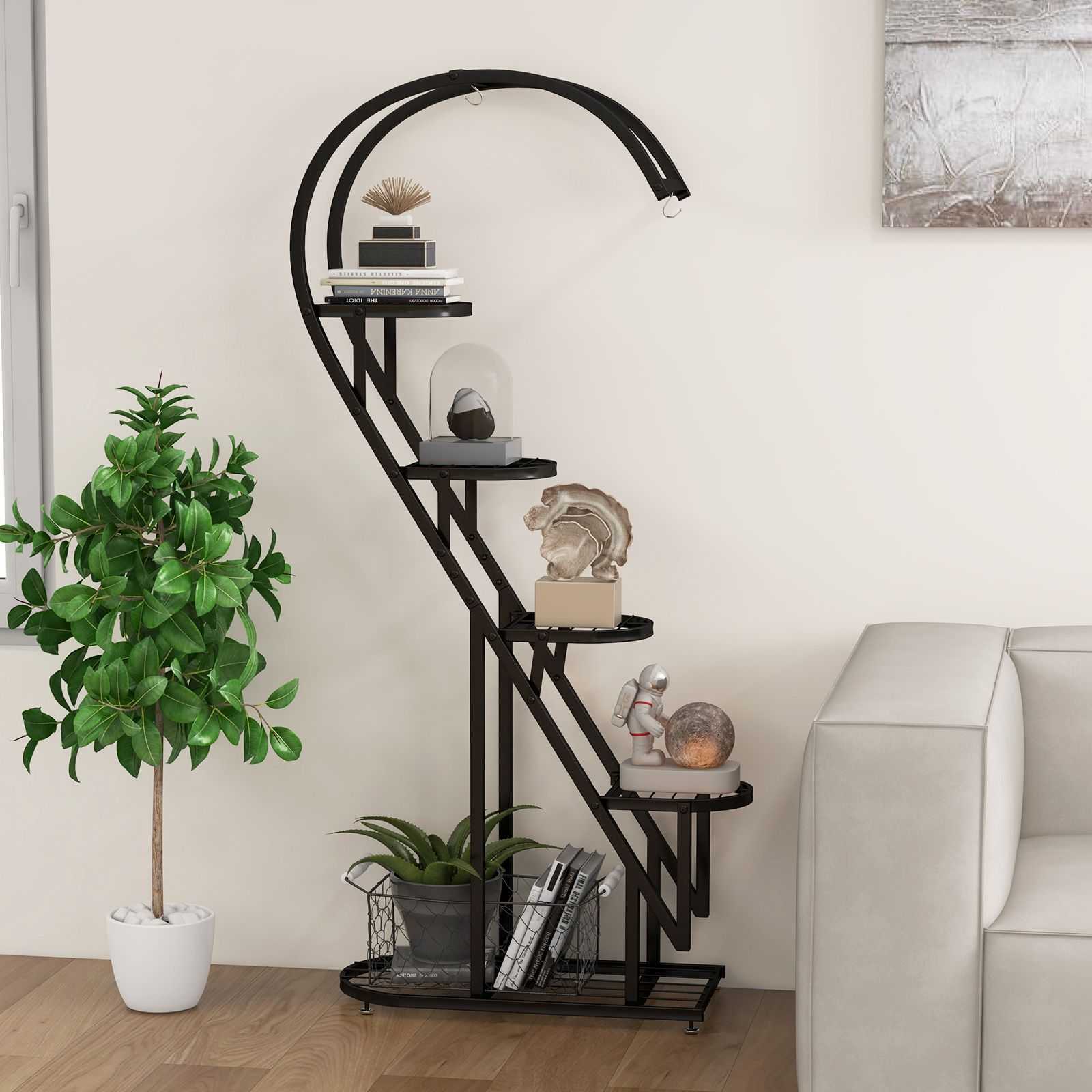 5 Tier Metal Plant Stand, Hanging Hook for Multiple Plants - Black