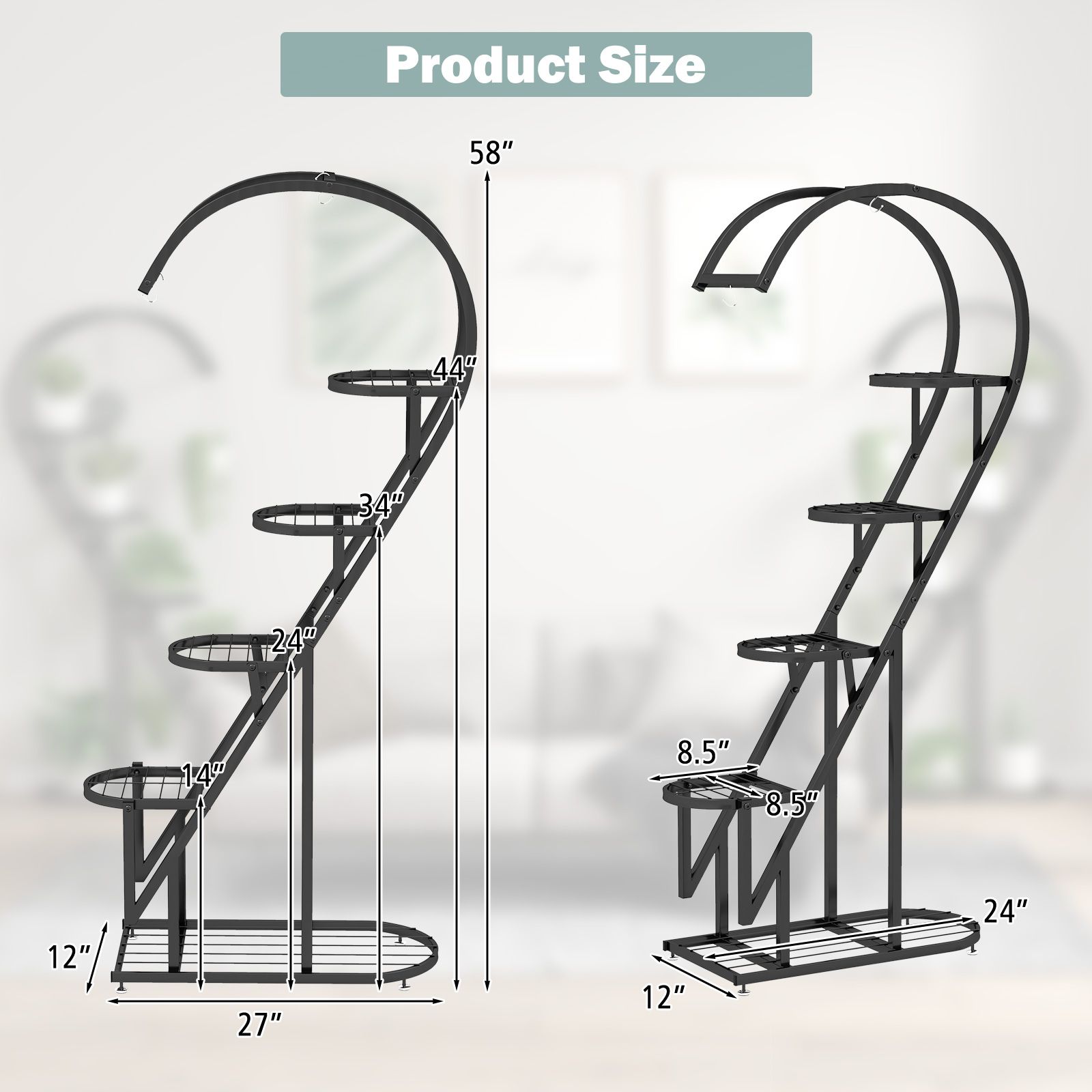 5 Tier Metal Plant Stand, Hanging Hook for Multiple Plants - Black