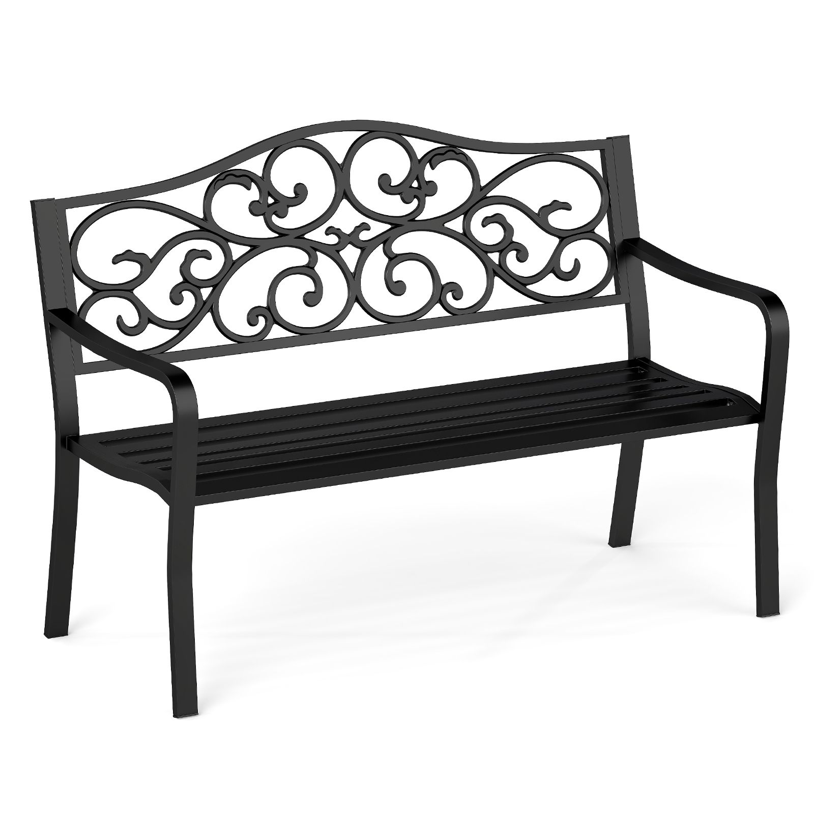50" Outdoor Cast Iron Metal Patio Bench, Floral Design Backrest and Slatted Seat - Black