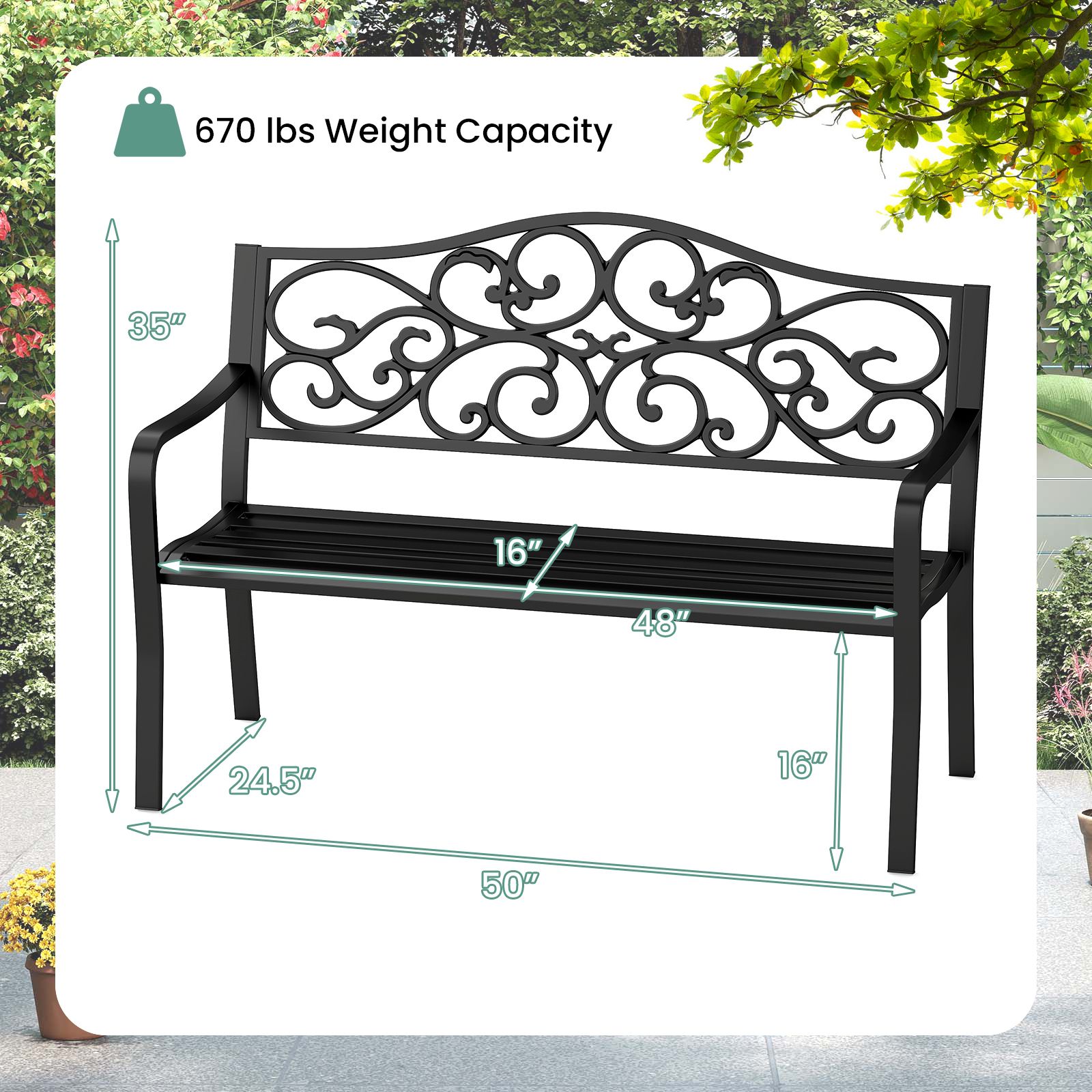 50" Outdoor Cast Iron Metal Patio Bench, Floral Design Backrest and Slatted Seat - Black