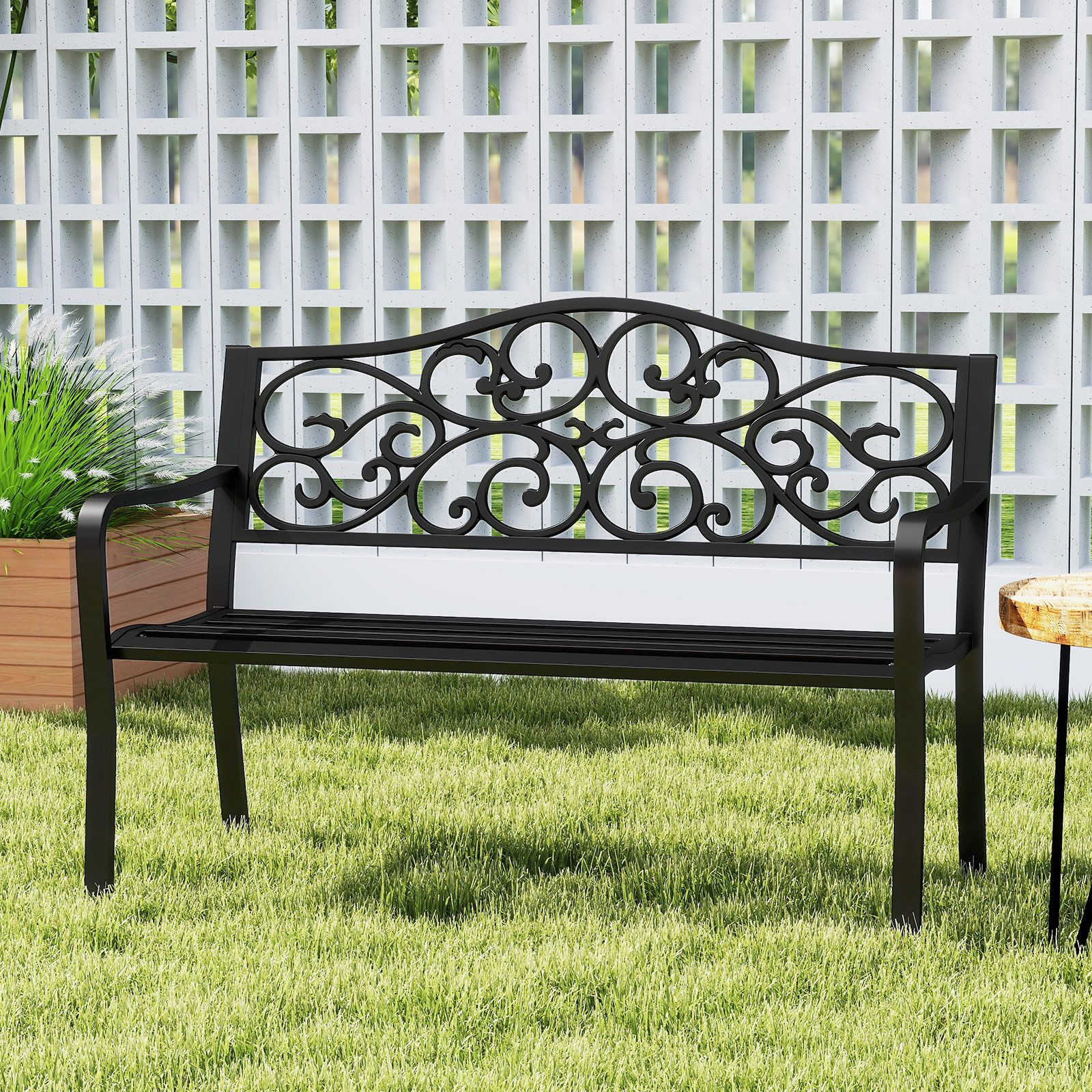 50" Outdoor Cast Iron Metal Patio Bench, Floral Design Backrest and Slatted Seat - Black