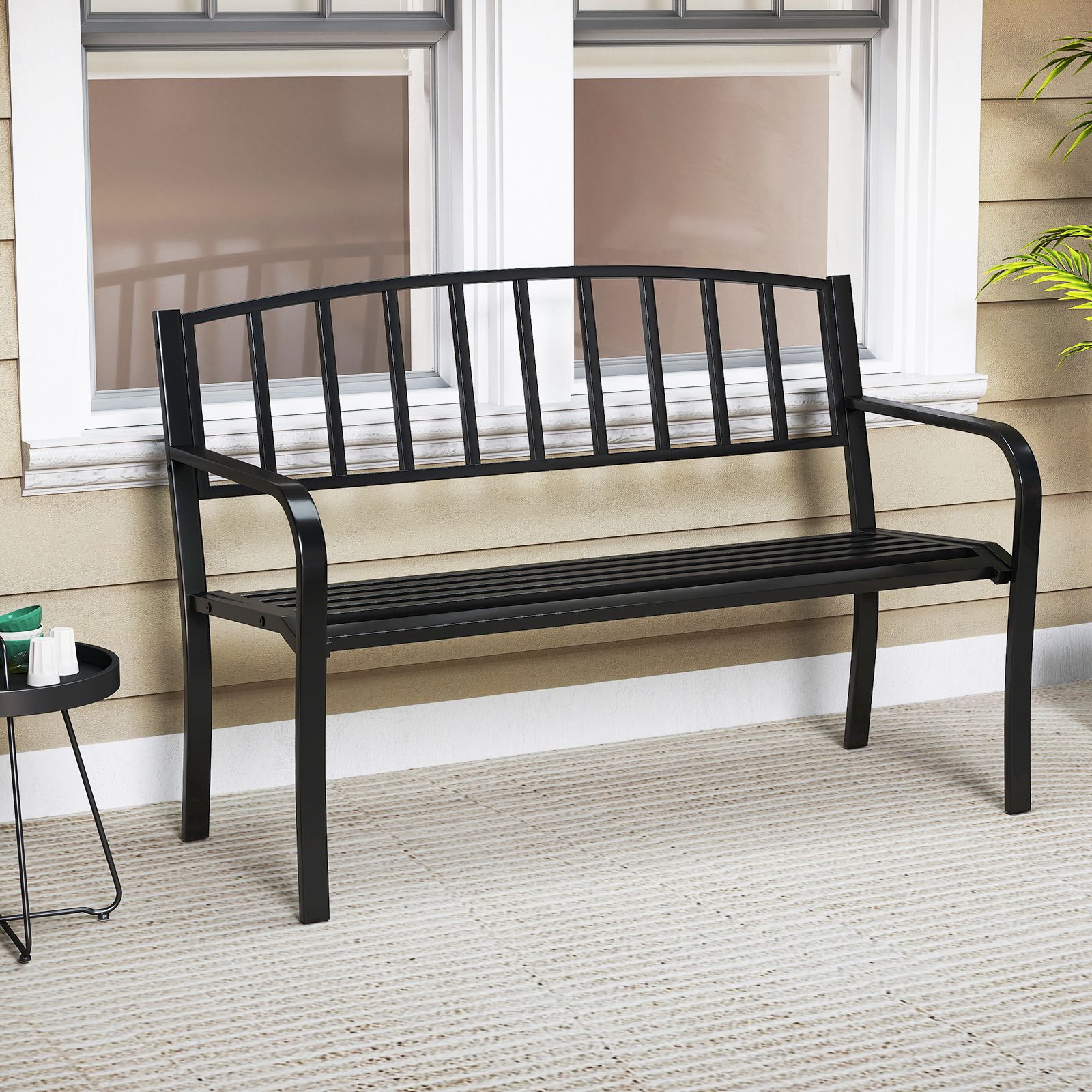 Banc de jardin d'extérieur de 127 cm, dossier à lattes et accoudoirs incurvés - Noir