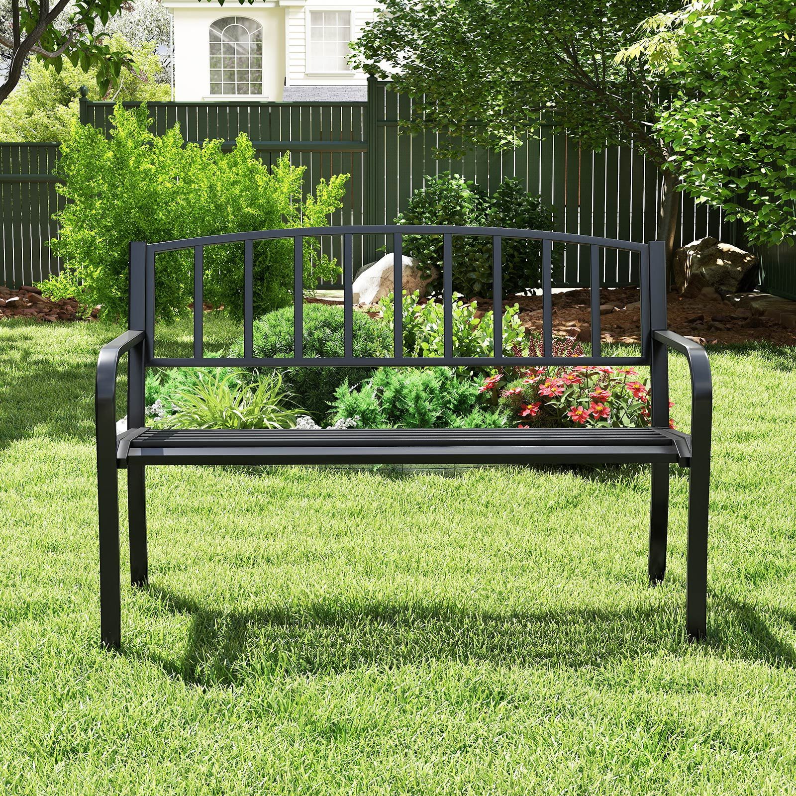 Banc de jardin d'extérieur de 127 cm, dossier à lattes et accoudoirs incurvés - Noir