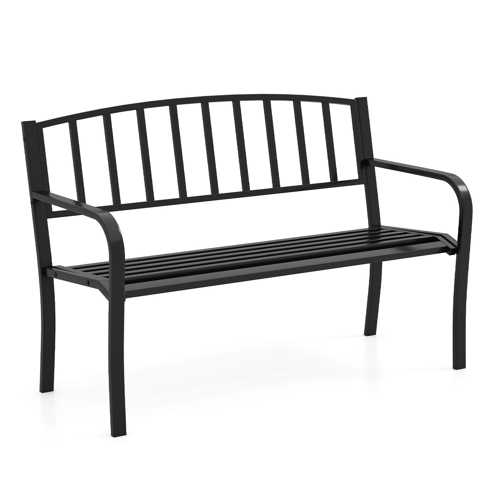 50" Outdoor Garden Bench, Slatted Backrest and Curved Armrests - Black