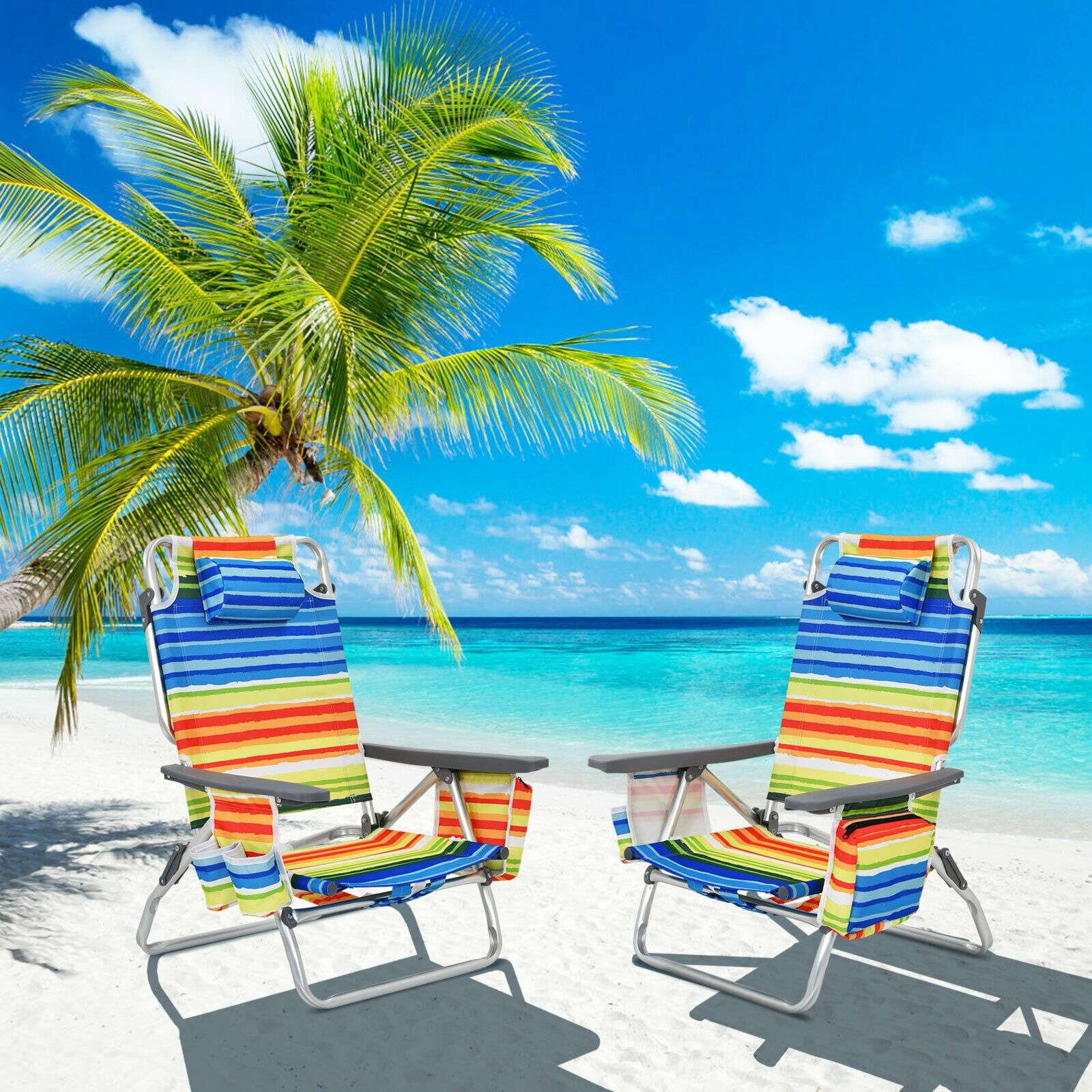 4-Pack 5-Position Outdoor Folding Backpack Beach Reclining Chair, Pillow