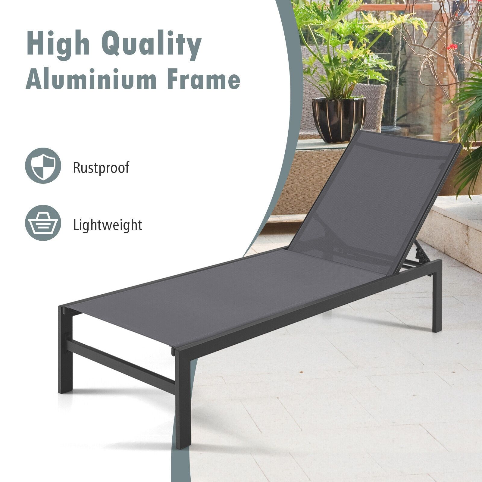 6-Position Chaise Lounge Chairs, Rustproof Aluminium Frame