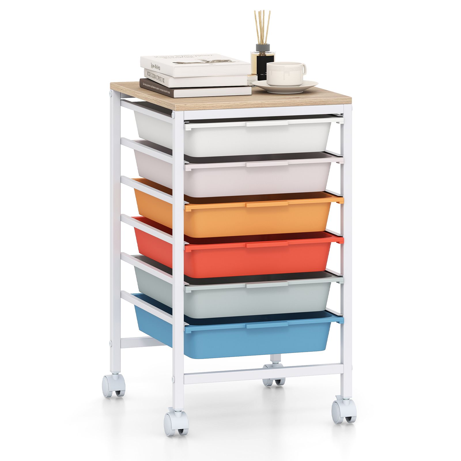 6-Drawer Rolling Storage Cart, Wooden Tabletop - Macaron