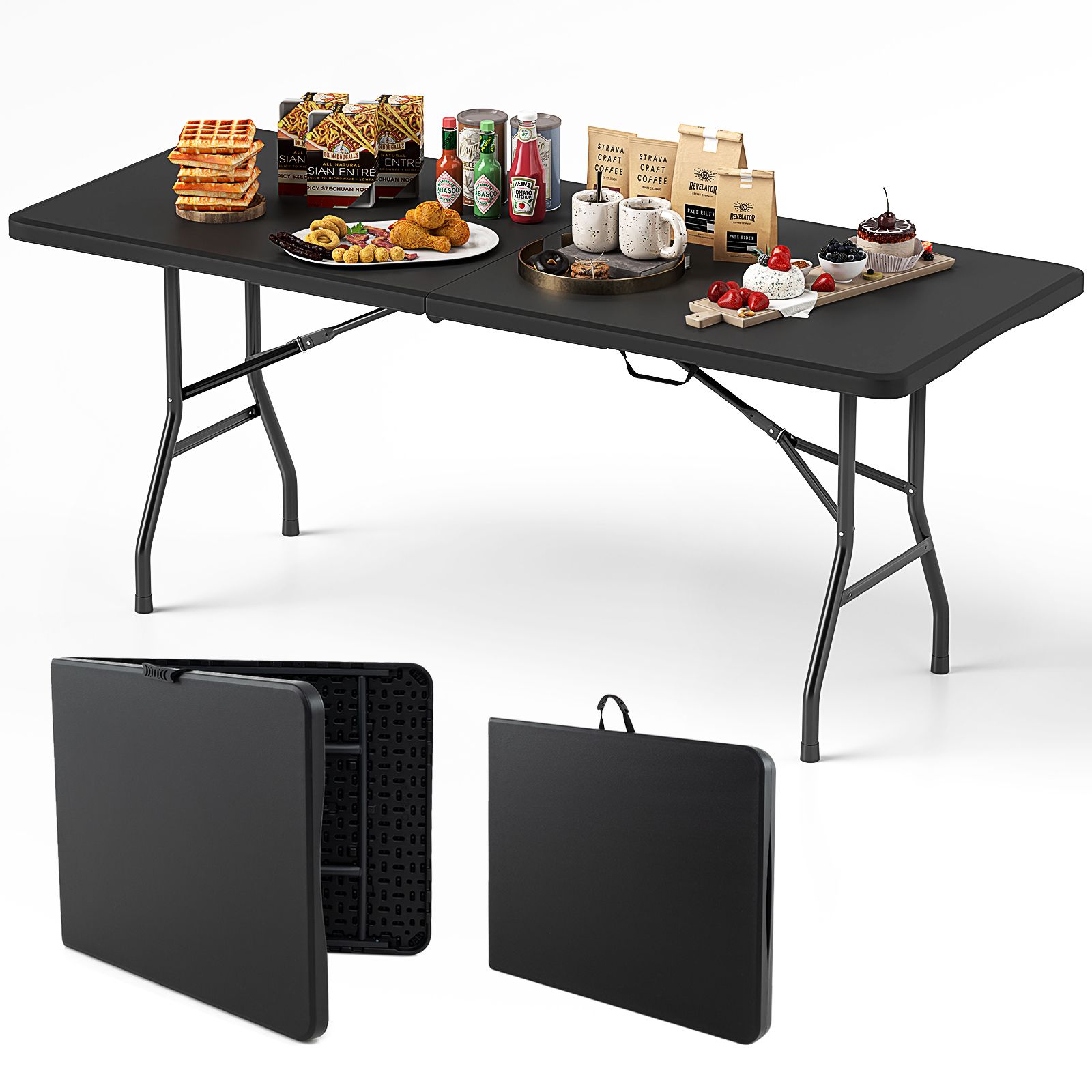 Table pliante portable de 1,8 m, supportant 159 kg, pliable en deux, plateau PEHD
