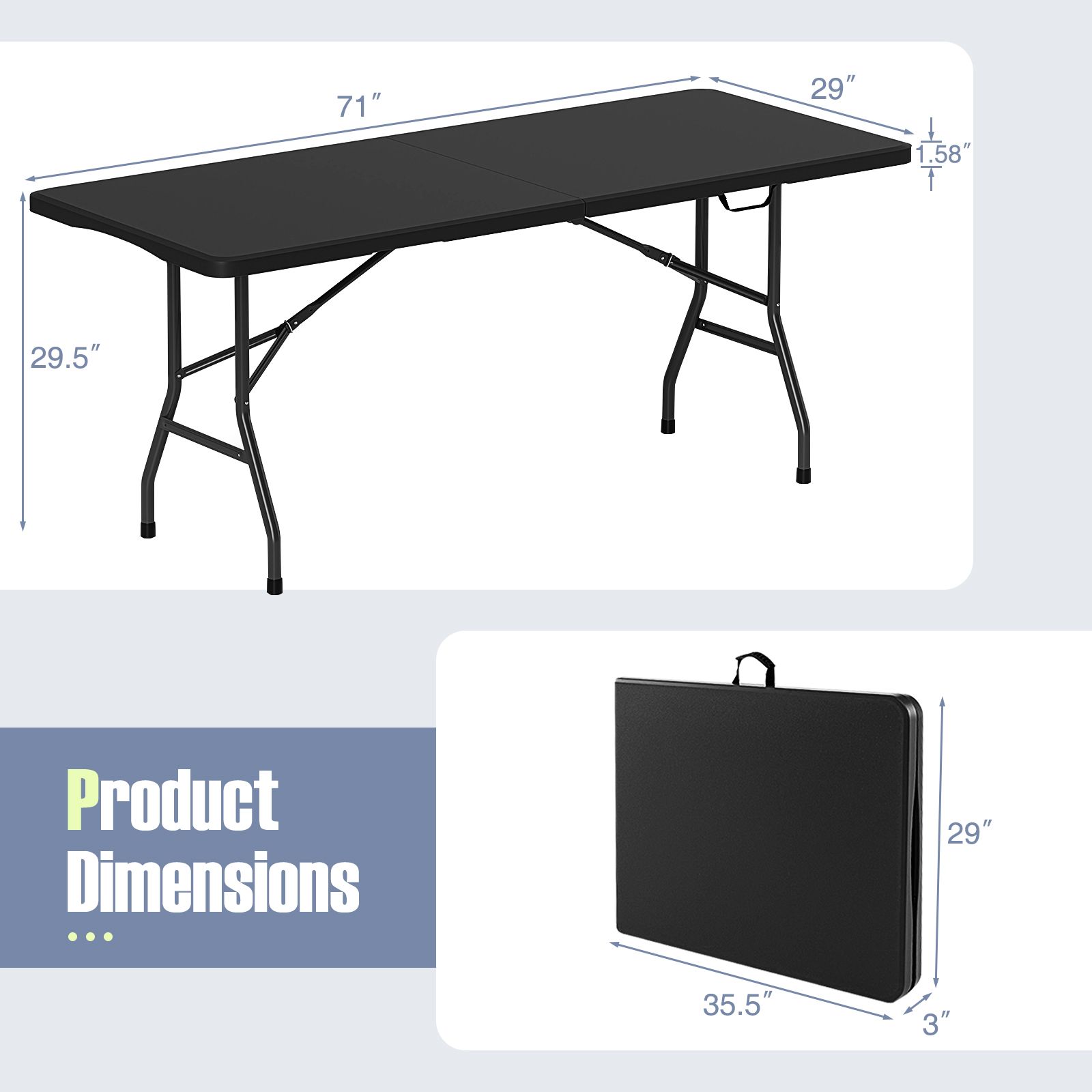 Table pliante portable de 1,8 m, supportant 159 kg, pliable en deux, plateau PEHD
